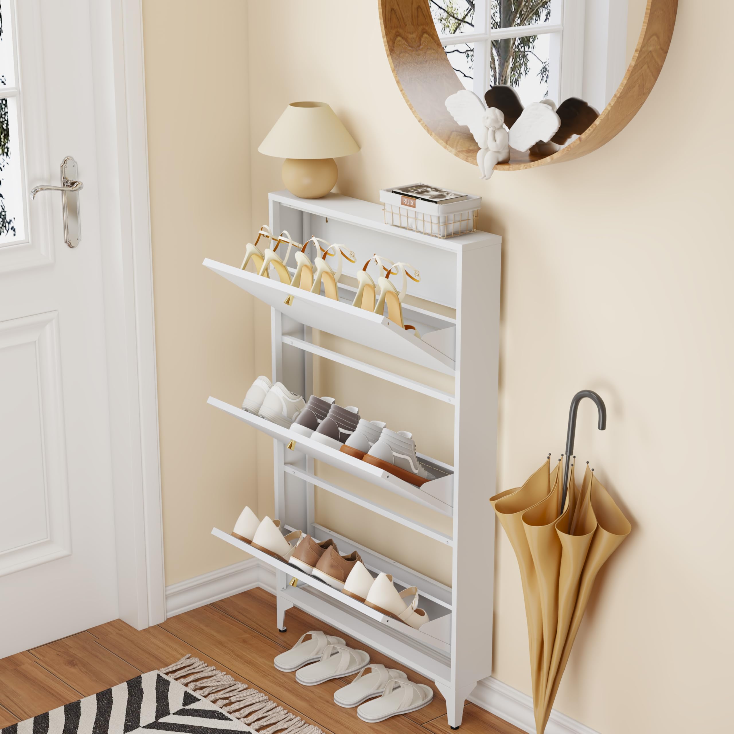 Schuhschrank mit 3 Klappschubladen, schmaler Schuhaufbewahrungsschrank, Bauernhaus-Schuh-Organizer, freistehender Organizer mit Metallbeinen für Eingang, Foyer, Flur, Weiß