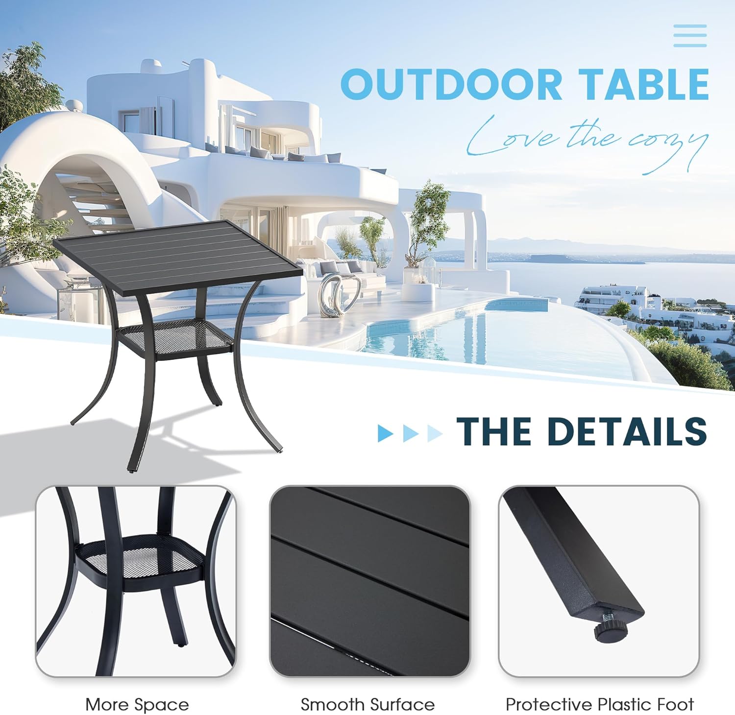 3 Pieces Outdoor Patio Dining Bar Set, 27.6" All Weather Square Metal Slatted Table with Storage Shelf and 2 High Back Textilene Swivel Chairs for Garden, Lawn, Black Table & Blue Chairs