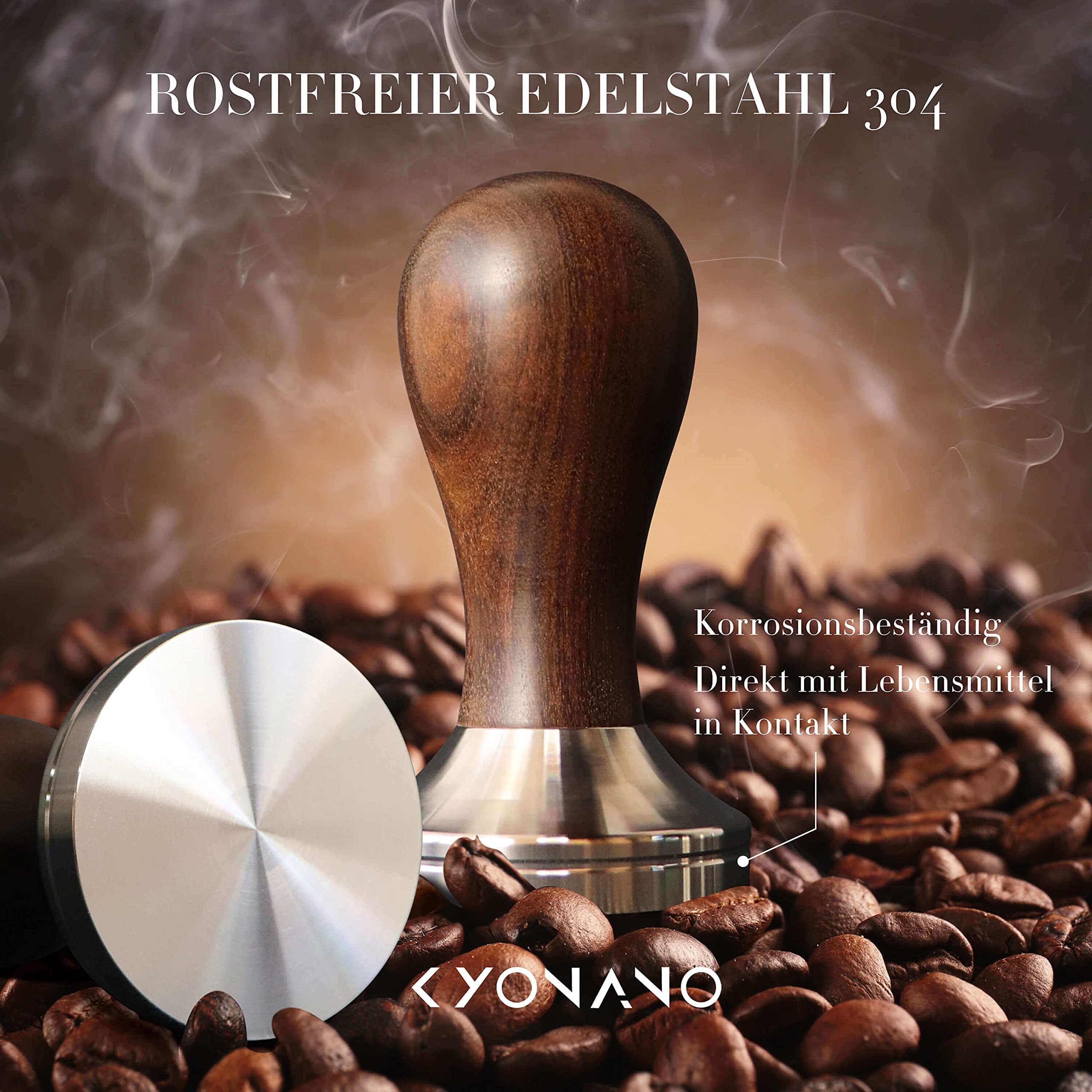 KYONANO Tamper 51 mm, ze stali nierdzewnej 304, z uchwytem z drewna Chacate Preto, tamper do espresso, do sitka, pasuje do ekspresów do kawy DeLonghi