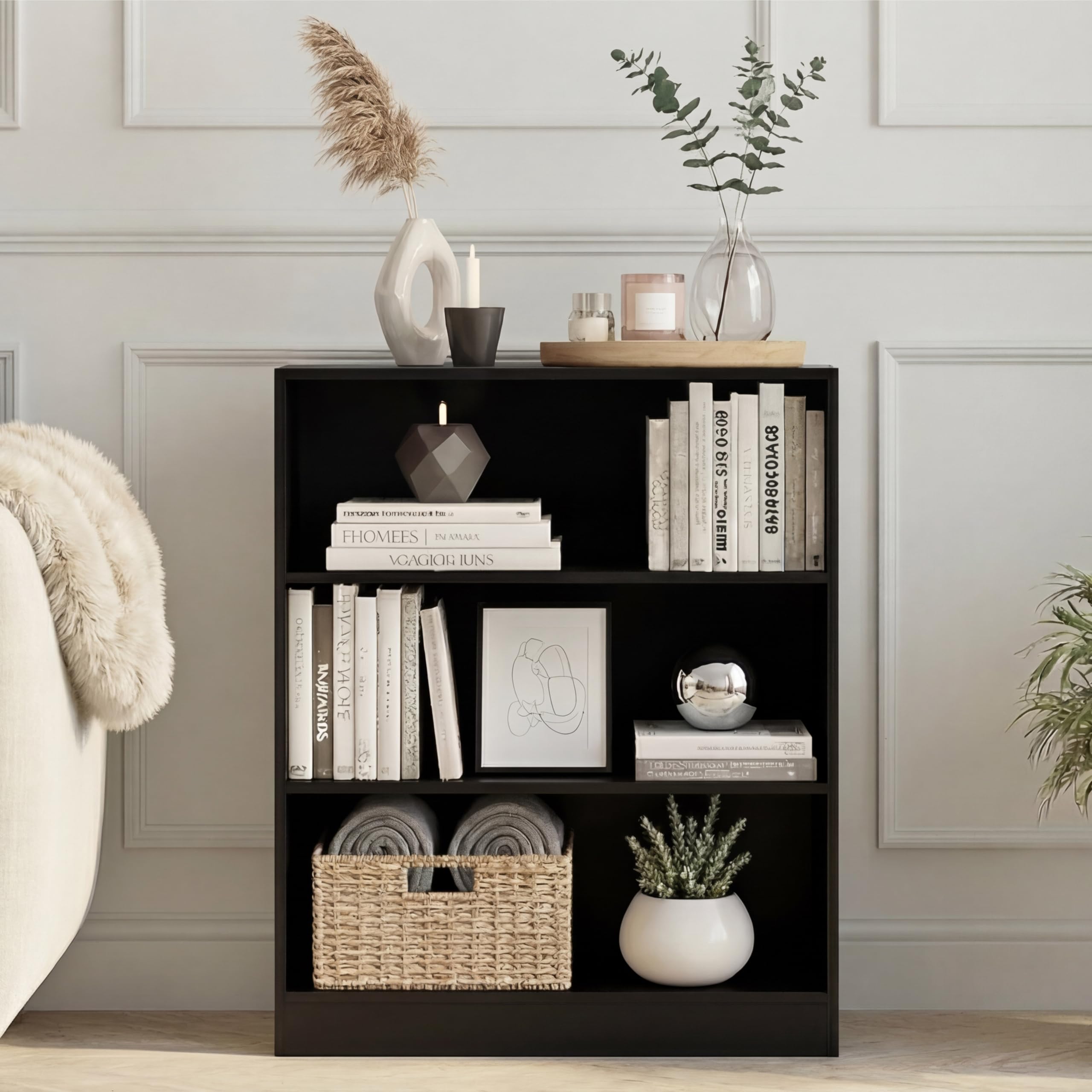 Vida Designs Cambridge Bücherregal mit 3 Ebenen, niedrig, schwarz, Holz-Regaleinheit für Büro, Wohnzimmermöbel