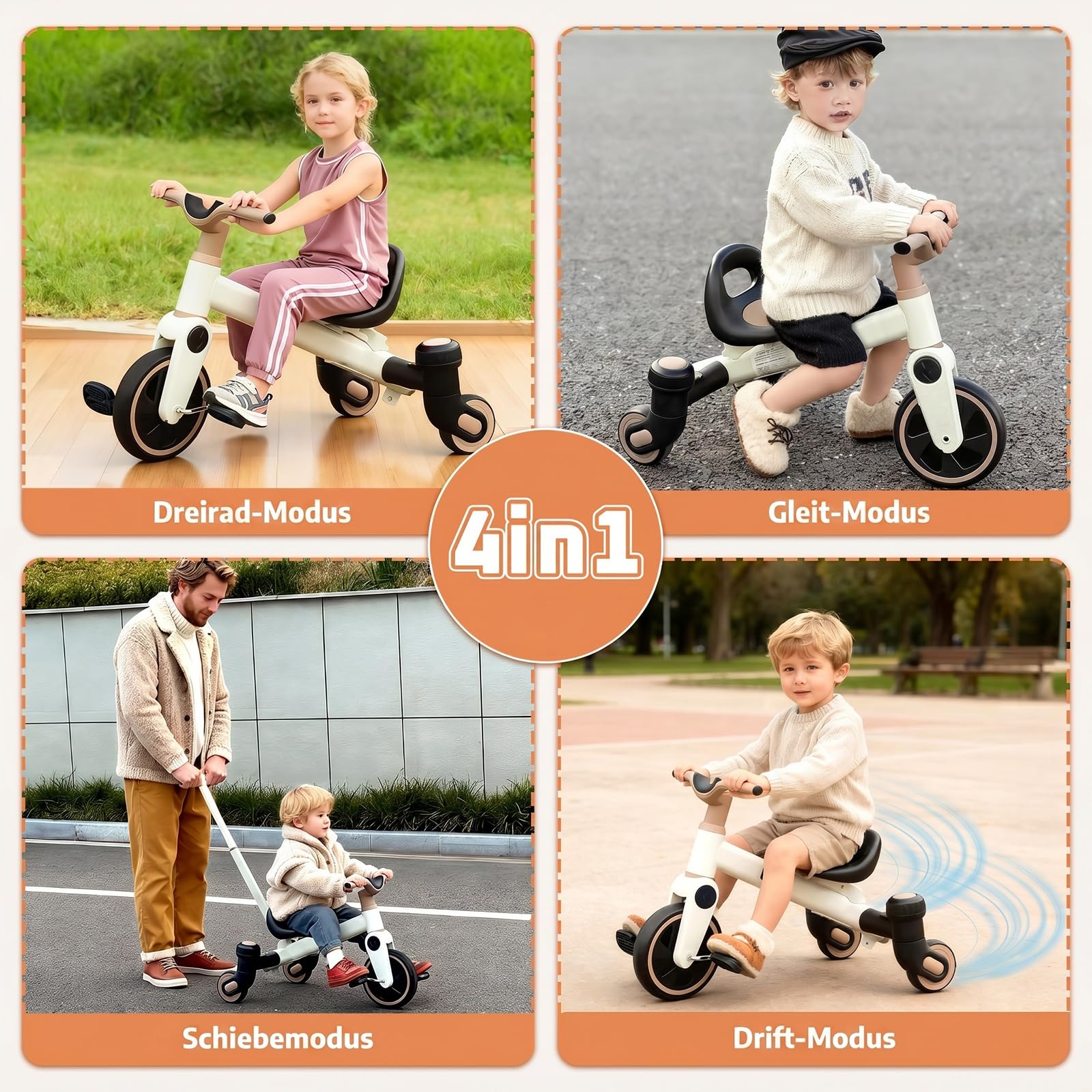 4-in-1-Kinder-Dreirad, umwandelbares Drift-Trike, Pedal-Dreirad für Kinder im Alter von 3-5 Jahren