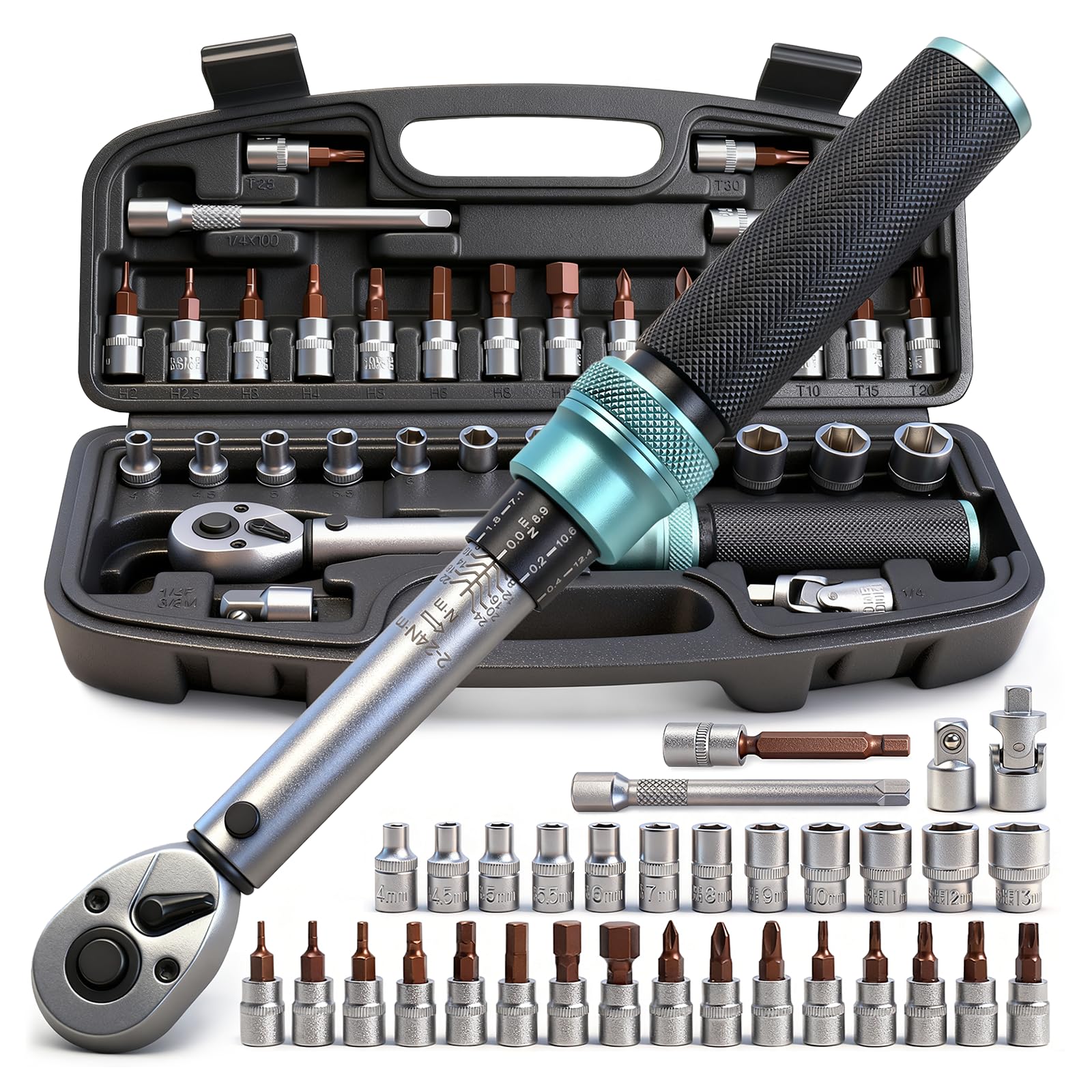 BLUEMARS Set di 33 chiavi dinamometriche da 0,6 cm, 2-24 Nm, piccolo strumento di riparazione per biciclette con cricchetto a 72 denti, precisione ± 3%, include barra di estensione e punte in acciaio