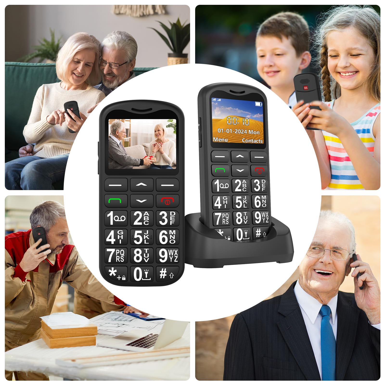 4G Seniorenhandy mit Großen Tasten | Mobiltelefon Ohne Vertrag mit Nano-SIM-Schlitz | 1.7 Zoll LCD | SOS-Funktion | Kurzwahl | Tastenhandy mit Taschenlampe | Ladestation | Schwarz