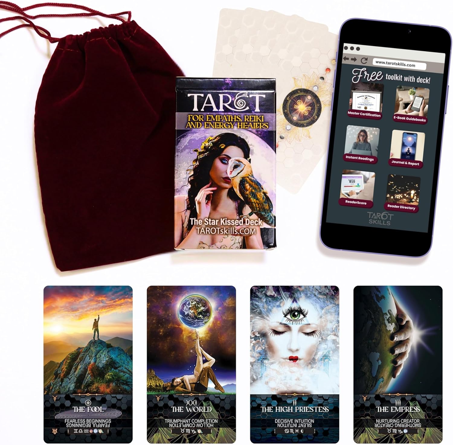 TAROTskills Star Kissed Tarot Deck – 78 Beginner to Pro Tarot Cards with Rider Waite Symbols, Astrology, Symbols, Easy Upright/Reversed Meanings, Intuitive Spiritual Guidance, USA-Made