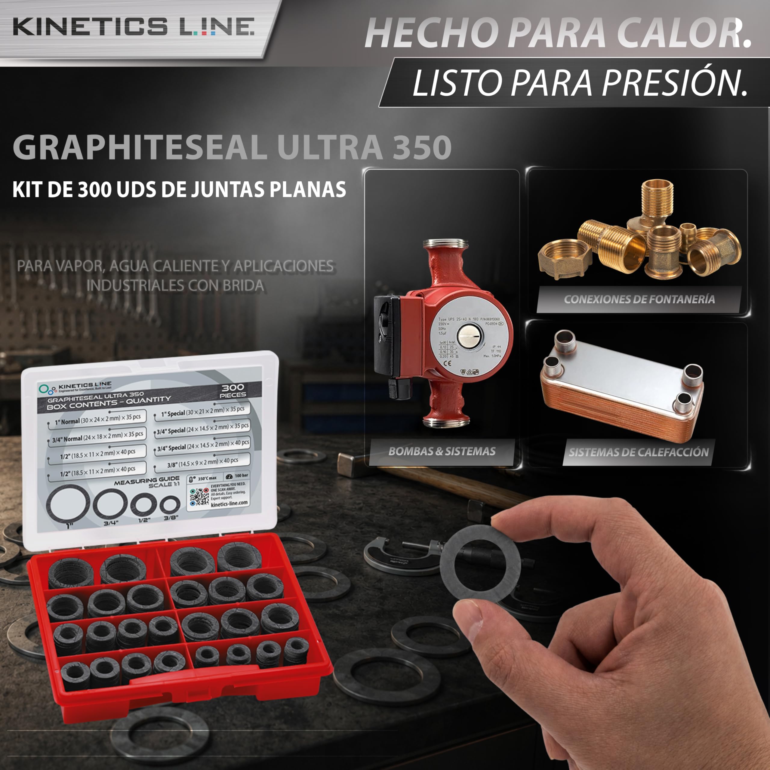 Kit De Juntas De Brida De Grafito 300 Piezas – Surtido Industrial Alta Temperatura Para Vapor Y Caldera Industrial 3/8–1 Pulgada – Hasta 350°C Y 100 bar – Uso Profesional