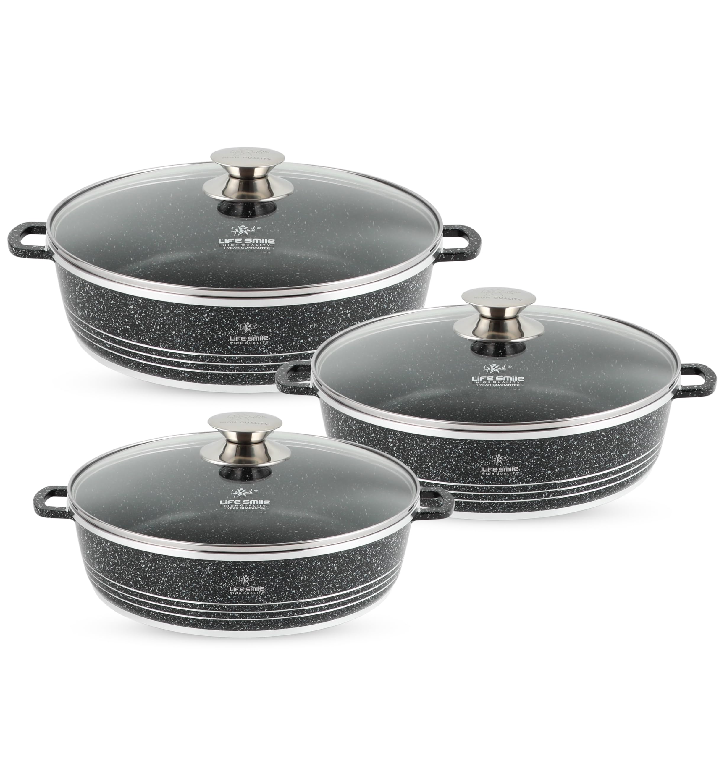 Shallow Pots Set with Lid | 100% PFOA FREE | Non Stick Granite Coating Frying Pans set | Oven Safe | Double Handle (Black, 24/28/32 CM)