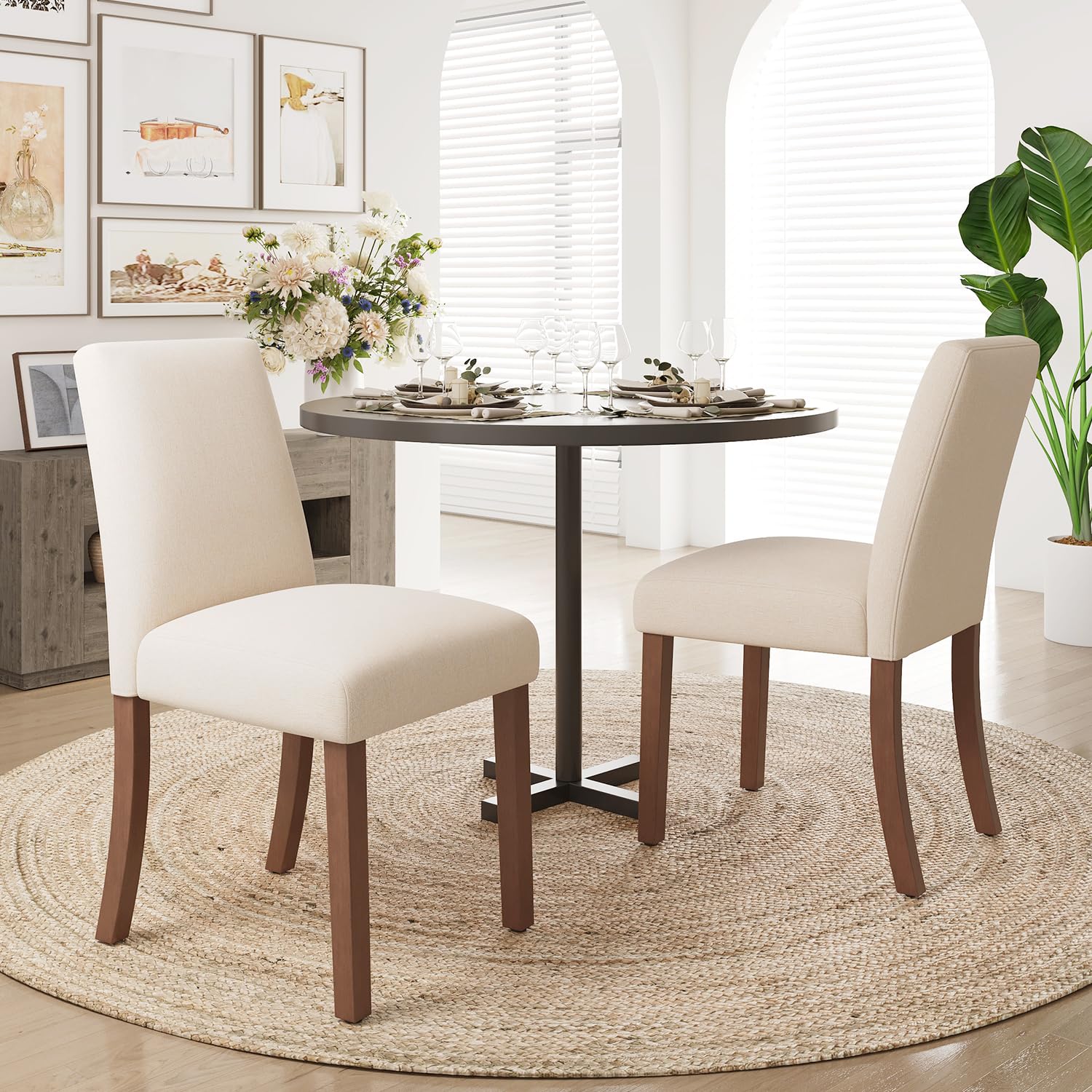 Upholstered Dining Chairs Set of 2, Mid-Century Dining Room Chairs with Wooden Legs, Farmhouse Fabric Parsons Chairs for Small Space Restaurant & Cafe- Beige