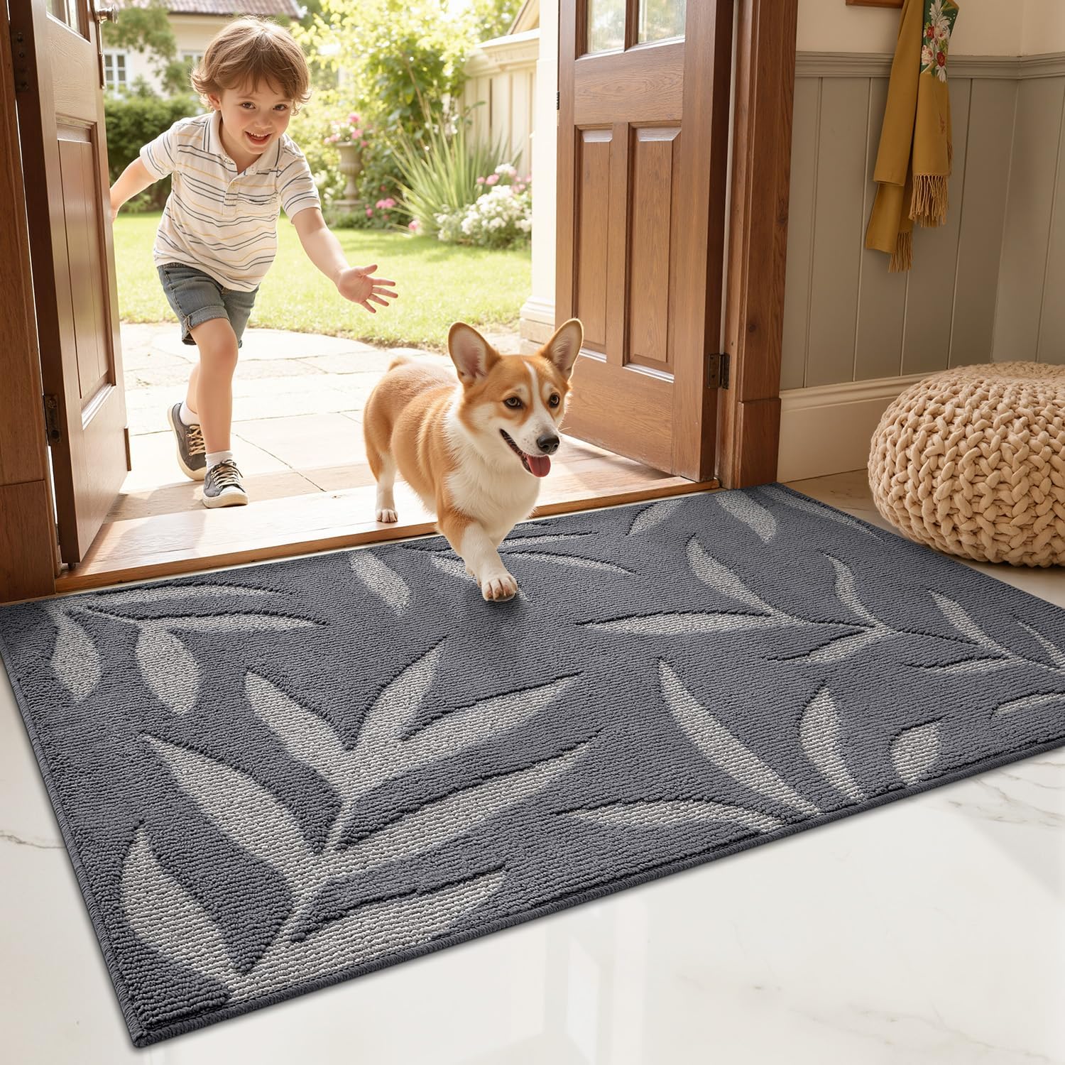 LUMI Indoor Door Mat 24x36, Washable Front Doormat with Welcome Leaf Pattern, Non-Slip Rubber Back Absorbent Mats for Entrance, Patio, Garage, Light Grey