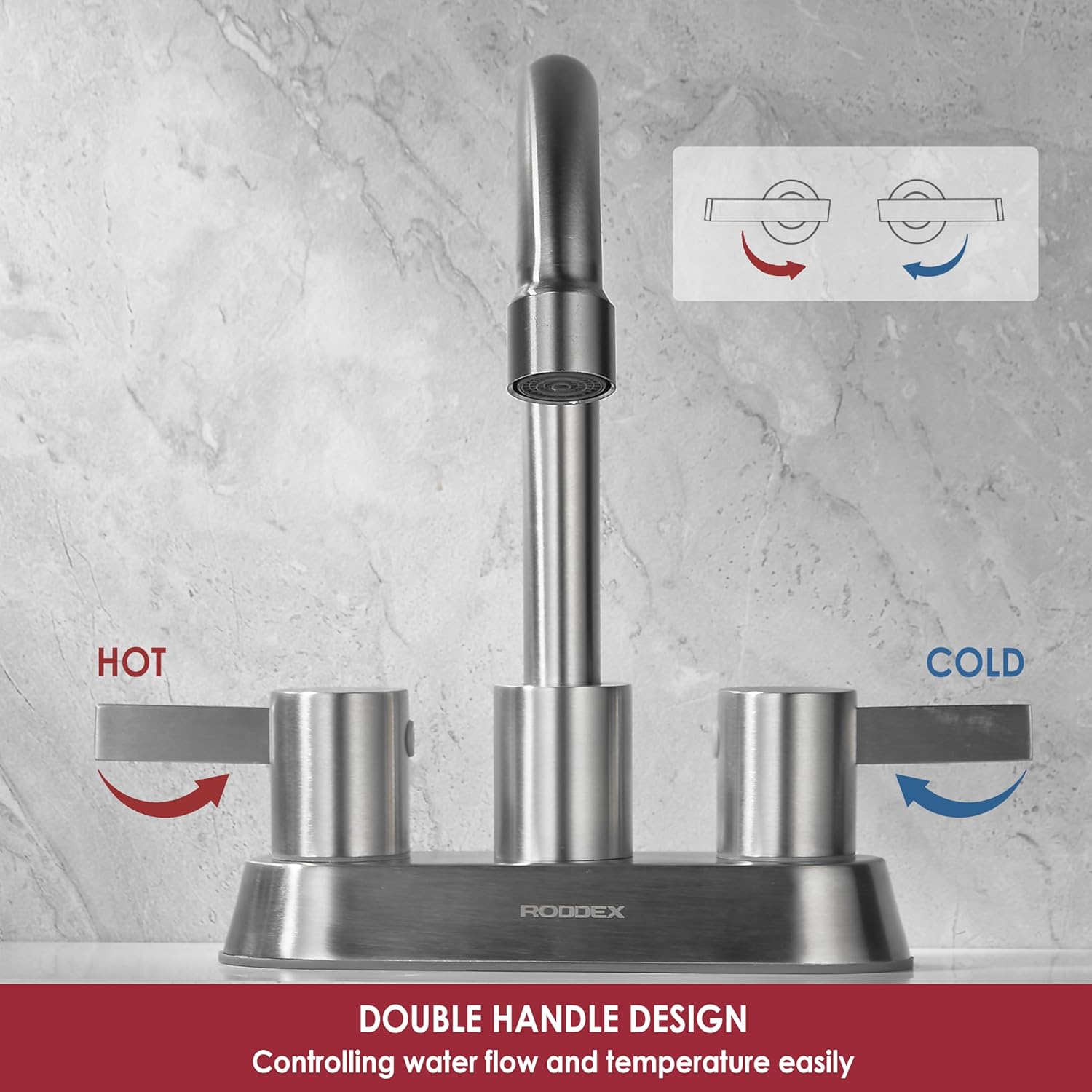 4 Inch Centerset Bathroom Faucet, 2 Handle Vanity Faucets with 360° Spout, Leak-Free Design and Quick Connect Supply Lines Fits 2 Hole Sinks for Bathroom Vanity RV Restroom, Brushed Nickel