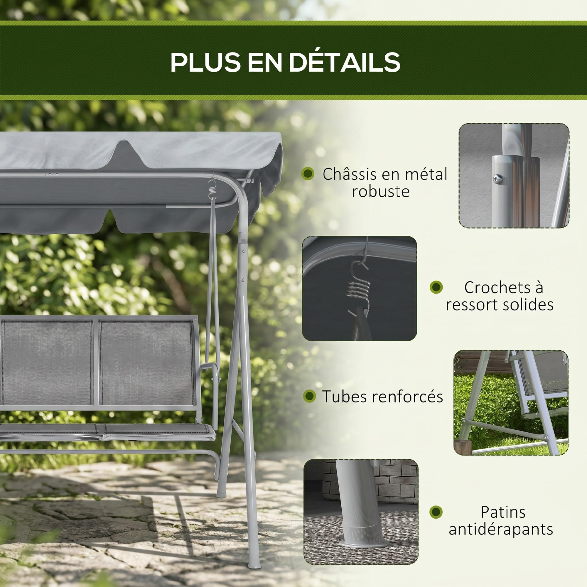 Outsunny Balancelle de Jardin 3 Places Grand Confort Toit Imperméable Gris