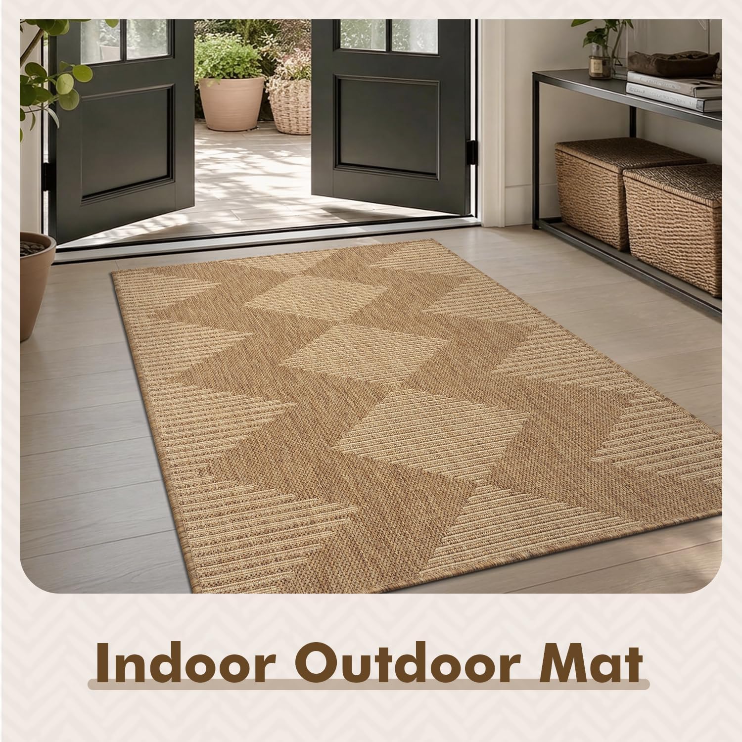 MontVoo-3x5 Outdoor Rug Porch Entryway Rug-Polypropylene Indoor Outdoor Rugs for Entryway Kitchen Balcony Patio, Textured Weave, Durable, Fade-Resistant, Non-Shedding, Boho Geometric Neutral Brown image 3