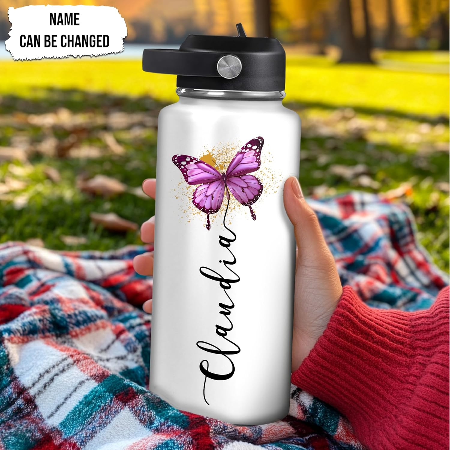 Hyturtle Personalized Butterfly Water Bottle - Custom Name Insulated Stainless Steel Bottle with Leak-Proof Lid 18oz 32oz - Animal Gift for Women Girls Butterfly Lovers - Birthday & Christmas Gift