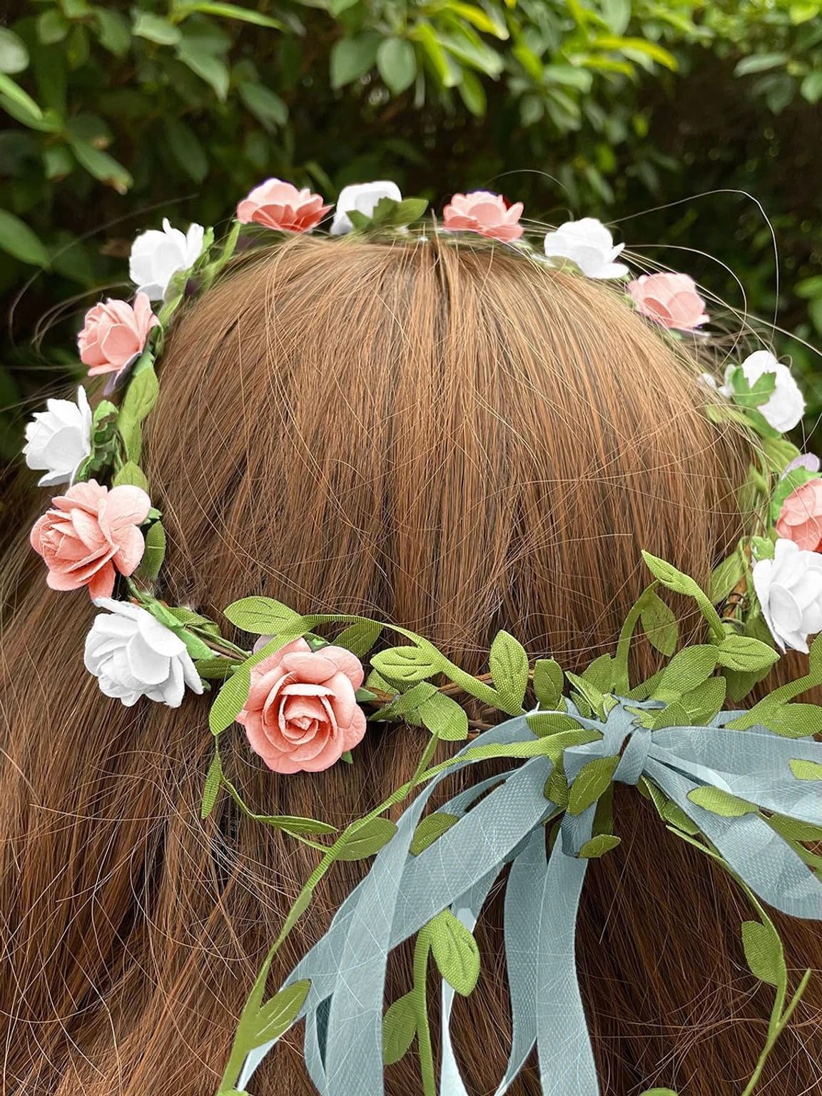 2Pcs Flower Crown Boho Roses Wreath Artificial Bridal Headpiece Tiaras for Wedding Birthday's Christmas Hawaiian Vivah Party Festival Tiaras for Girls Women (Pack of 2) (Baby Pink)-image-32