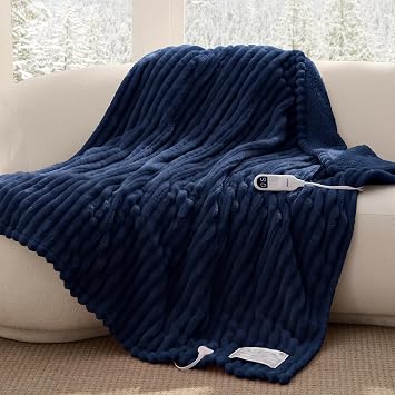 Bedsure Thick Heated Blanket Electric Throw with Preheat, Navy Blue 50"x60"