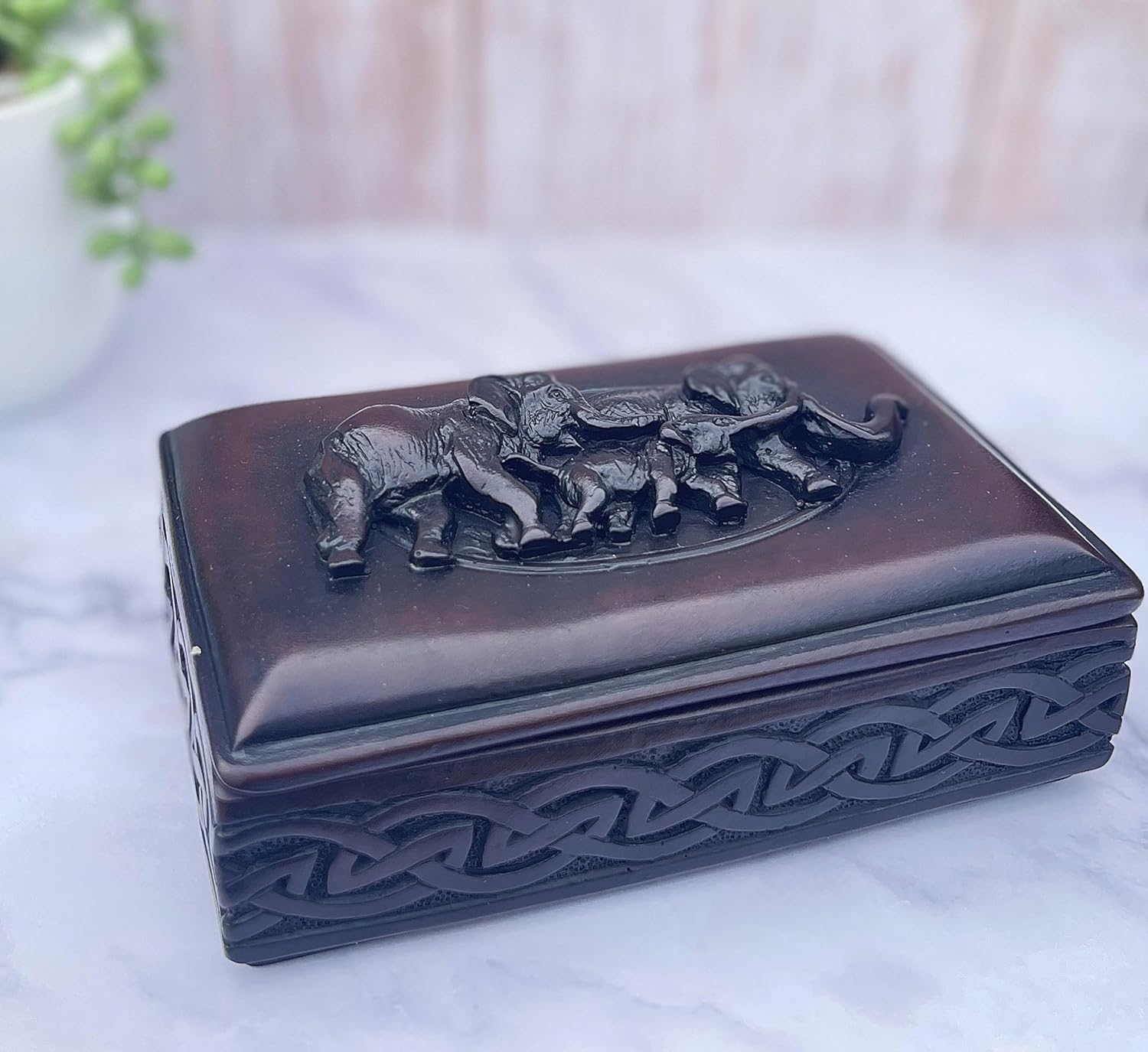 Elephant Trinket Box with Lid for Jewelry Keepsakes - Feng Shui Elephant Family Decor - Brown Resin Sculpture 6 Inches