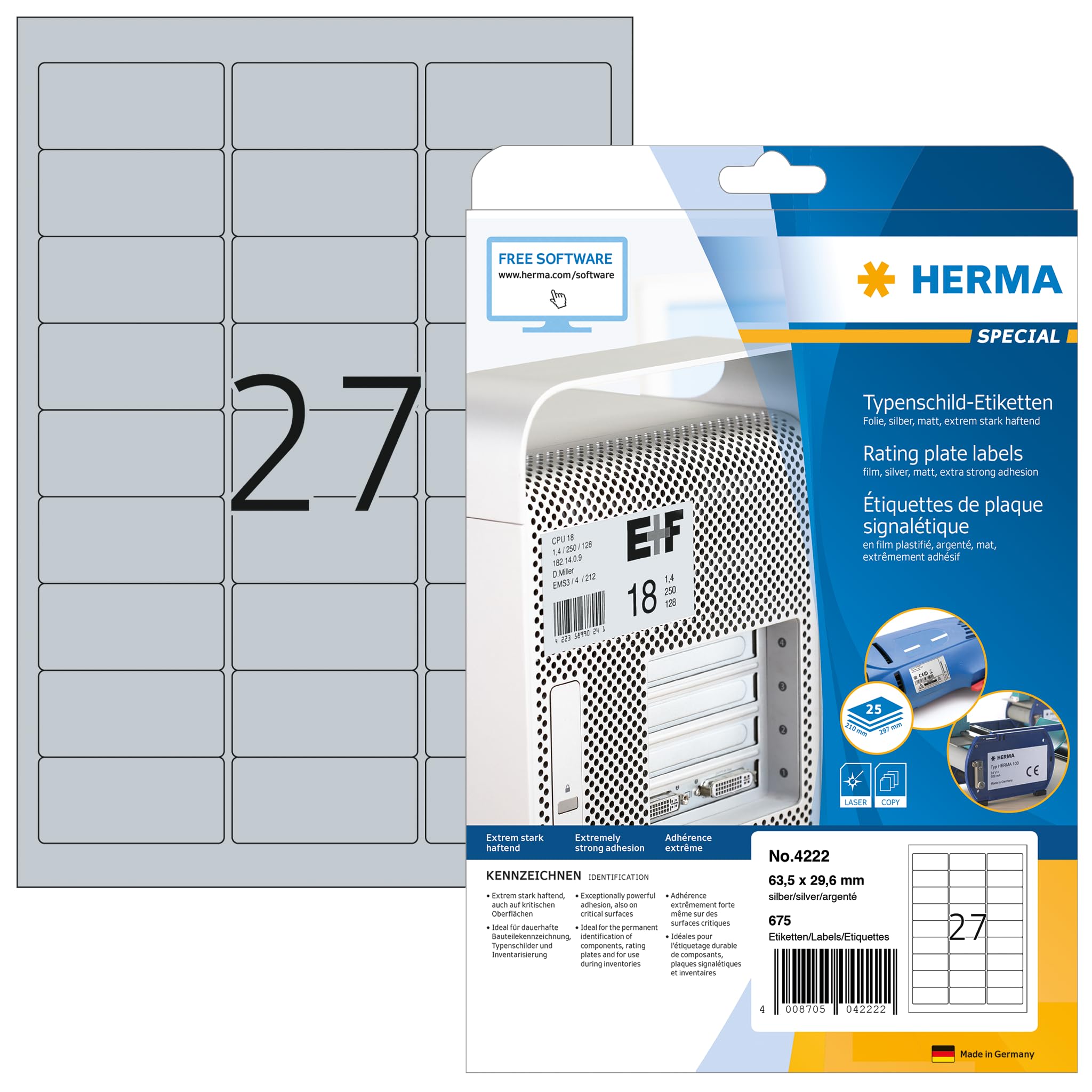 HERMA 4222 Typenschild Folien-Etiketten silber, 25 Blatt, 63,5 x 29,6 mm, 27 pro A4 Bogen, 675 Stück, selbstklebend, bedruckbar, wetterfest, blanko Klebeetiketten Aufkleber aus Folie