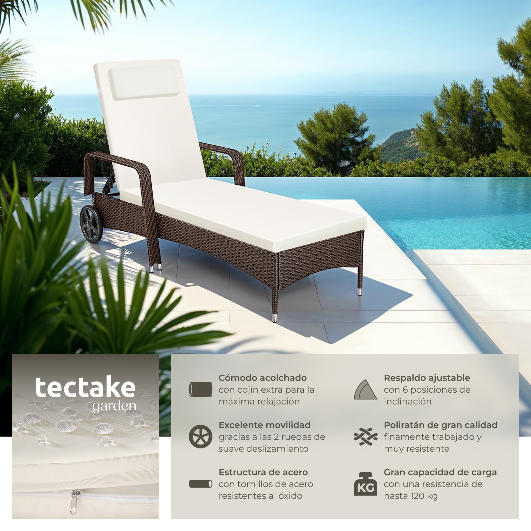 tectake®, Tumbona Chaise Longue, Ajustable de Poliratán con Ruedas, Mueble Exterior Sofa Acolchado para Jardín y Terraza, 6 Posiciones, Fácil de Limpiar, Moderno, Hamaca de Jardín - Marrón/Blanco