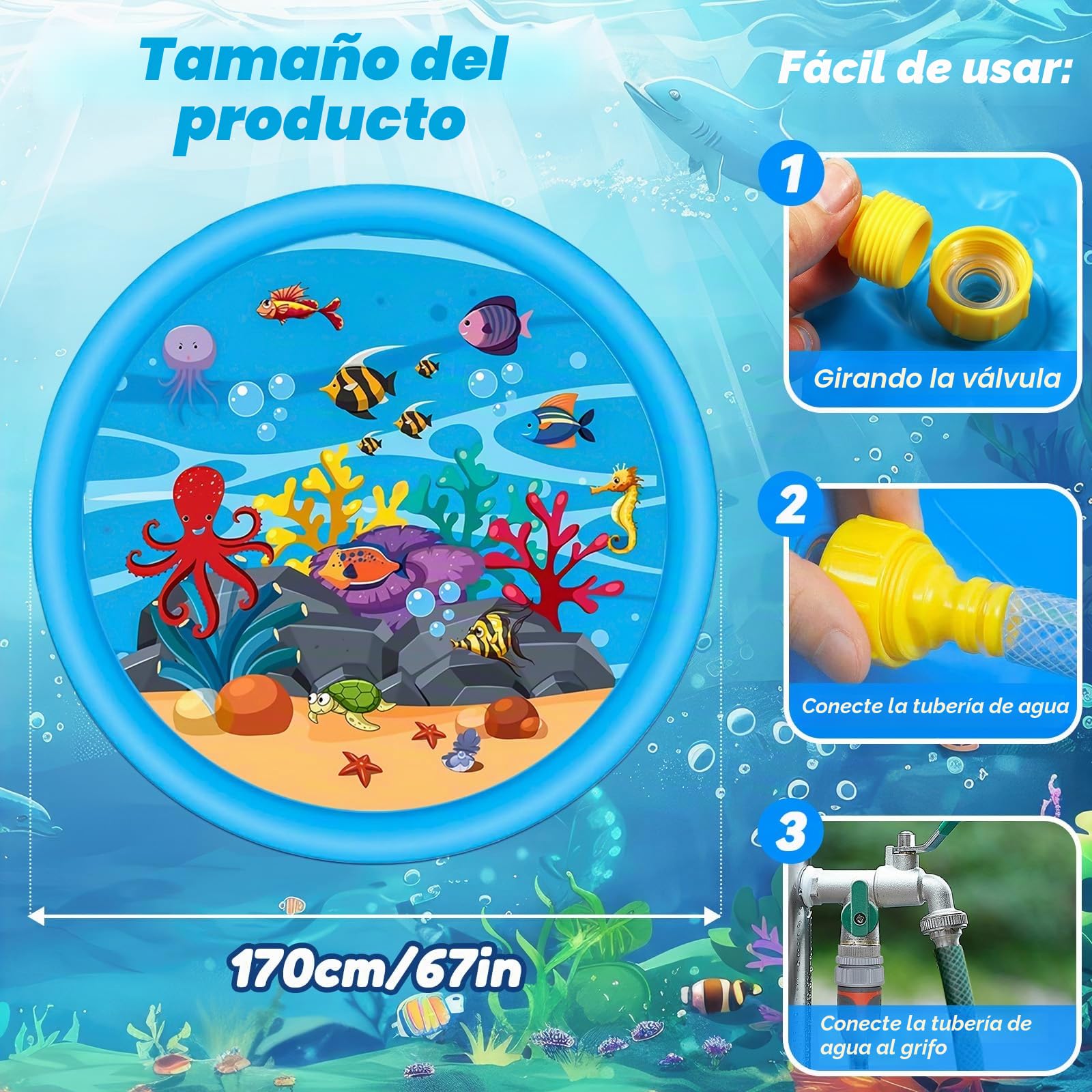 170cm Splash Pad, Alfombra de Juego de Agua, Juguete Acuático de Verano, Juego de Agua de Aspersión al Aire Libre para Niños y Mascotas, para Actividades al Aire Libre, Fiestas en la Playa