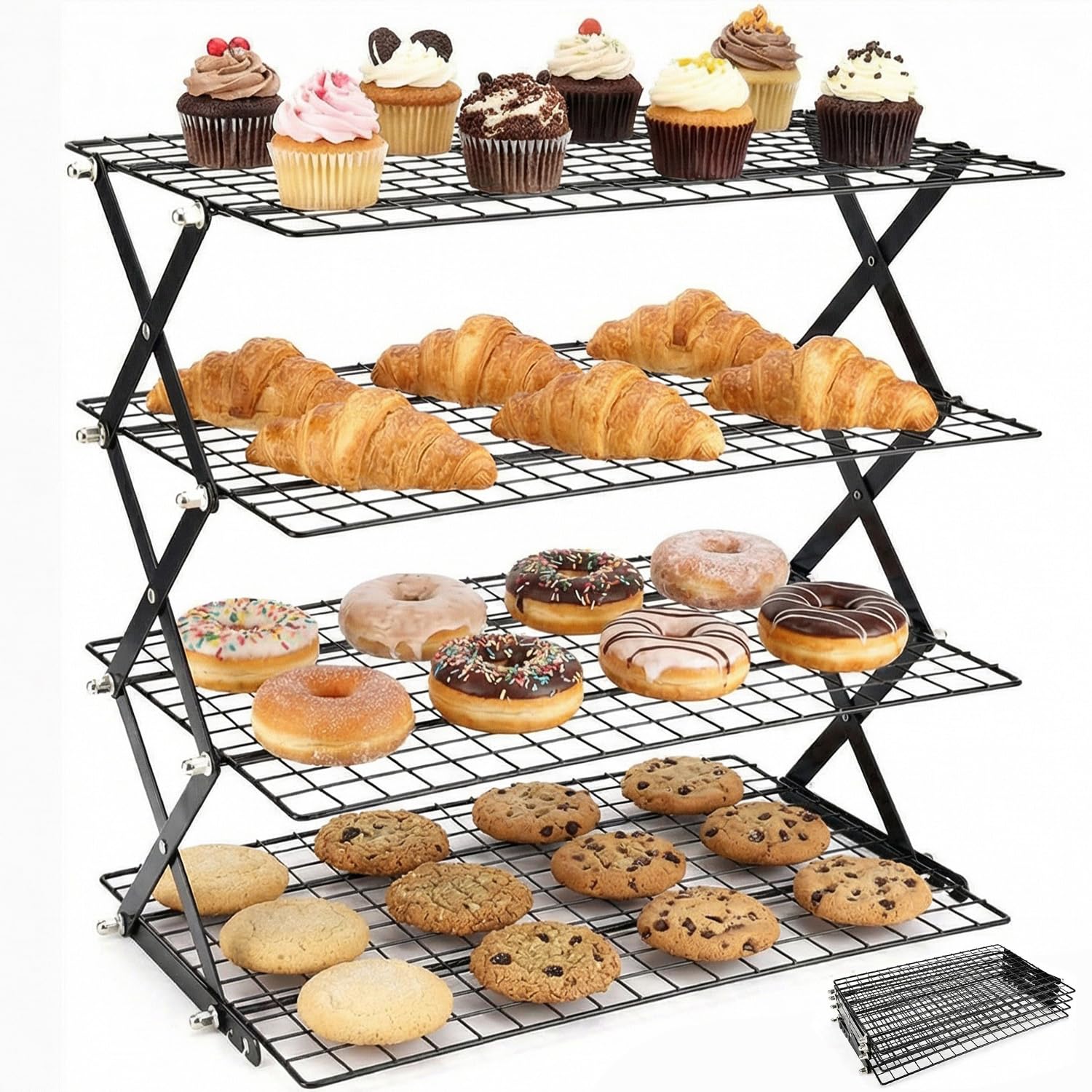 Griglia di raffreddamento pieghevole a 4 ripiani per cottura, 43 x 45 cm, griglia di raffreddamento pieghevole per torte, griglia di raffreddamento a forma di X, salvaspazio per muffin