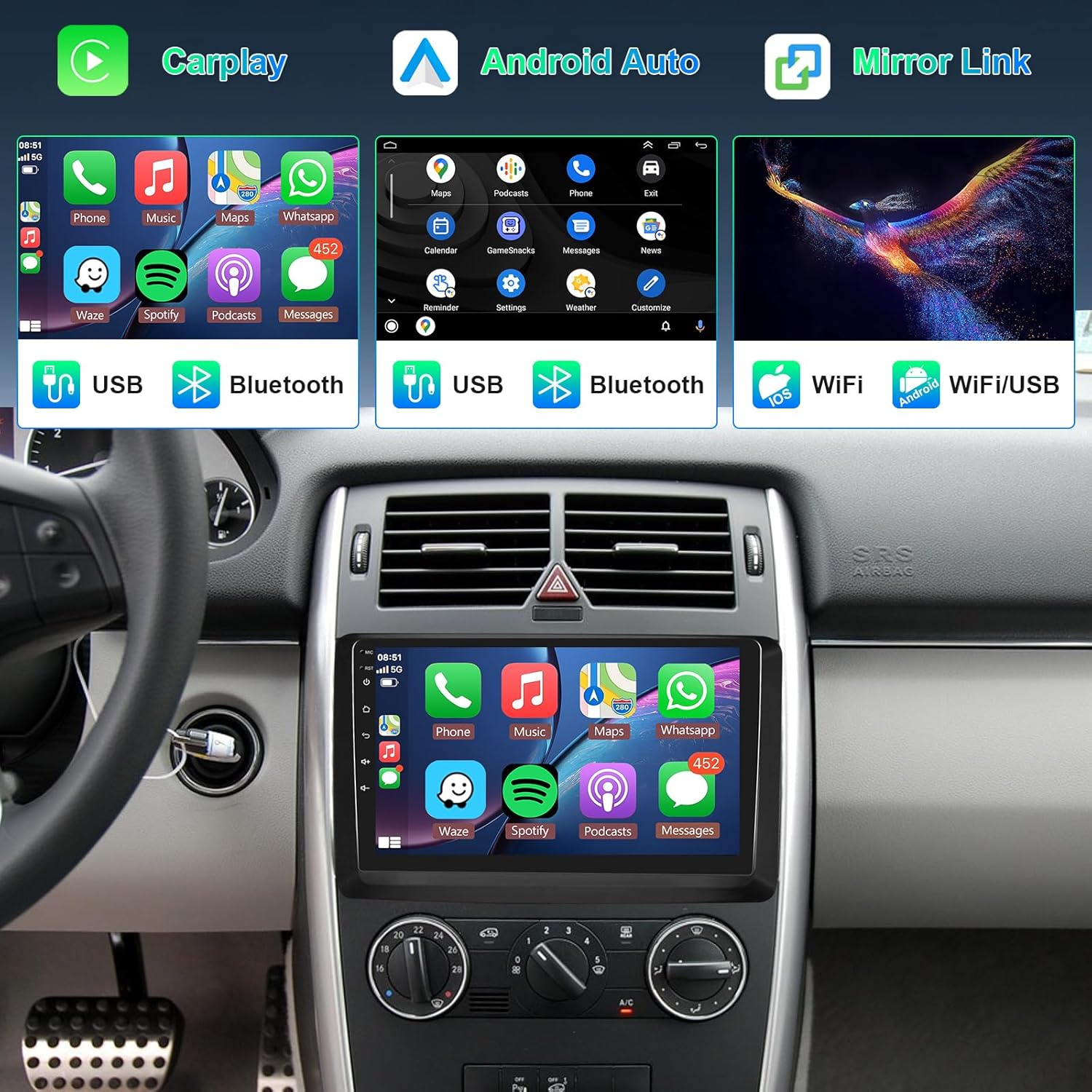 Hodozzy Android Car Radio displaying Apple CarPlay, Android Auto, and Mirror Link interfaces