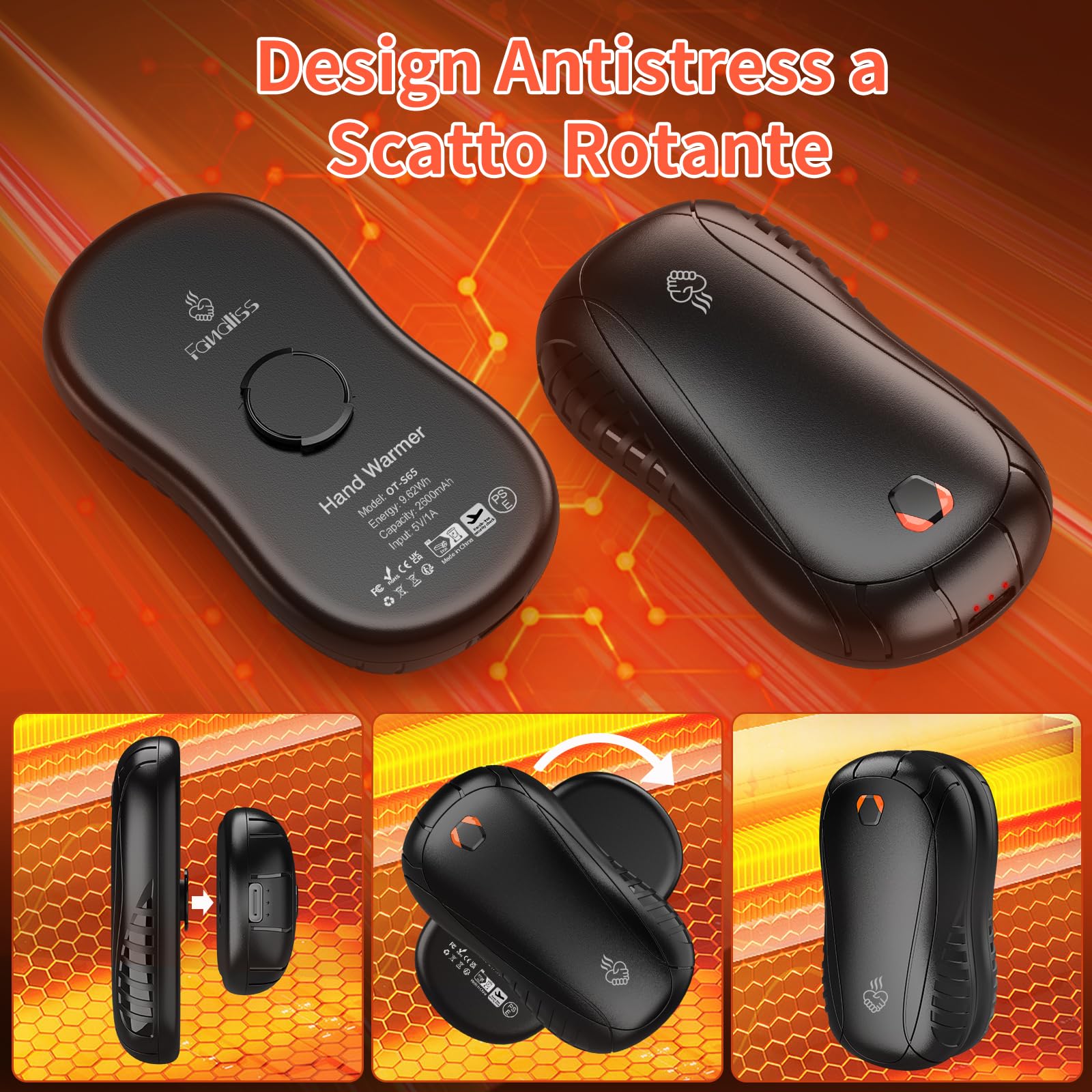 FANDLISS Scaldamani Ricaricabile,2 Pezzi Scaldamani Elettrico Riutilizzabile Portatile 6000mAh USB con 3 Livelli di Calore fino 55°C,Riscaldatore Elettrico Tascabile,per Campeggio, Giocatori di Golf
