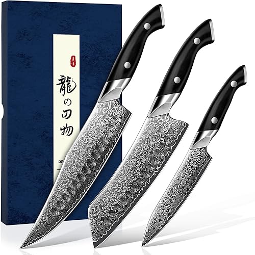 Miniatura 10 de DRAGON RIOT - Cuchillo de chef japonés, cuchillo Santoku de Damasco con núcleo de acero VG10, cuchillos de cocina ultra afilados hechos a mano con