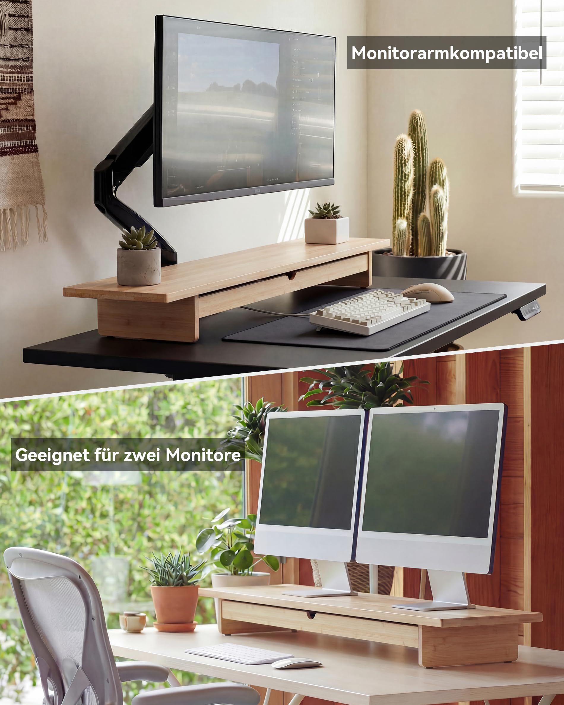 WELL WENG Bambus Monitorständer mit groß Schublade Bildschirmständer , 107x23,5x11 cm,Monitorerhöhung ergonomischer Bildschirmerhöhung schreibtisch mit Platz für die Tastatur, Naturbambus