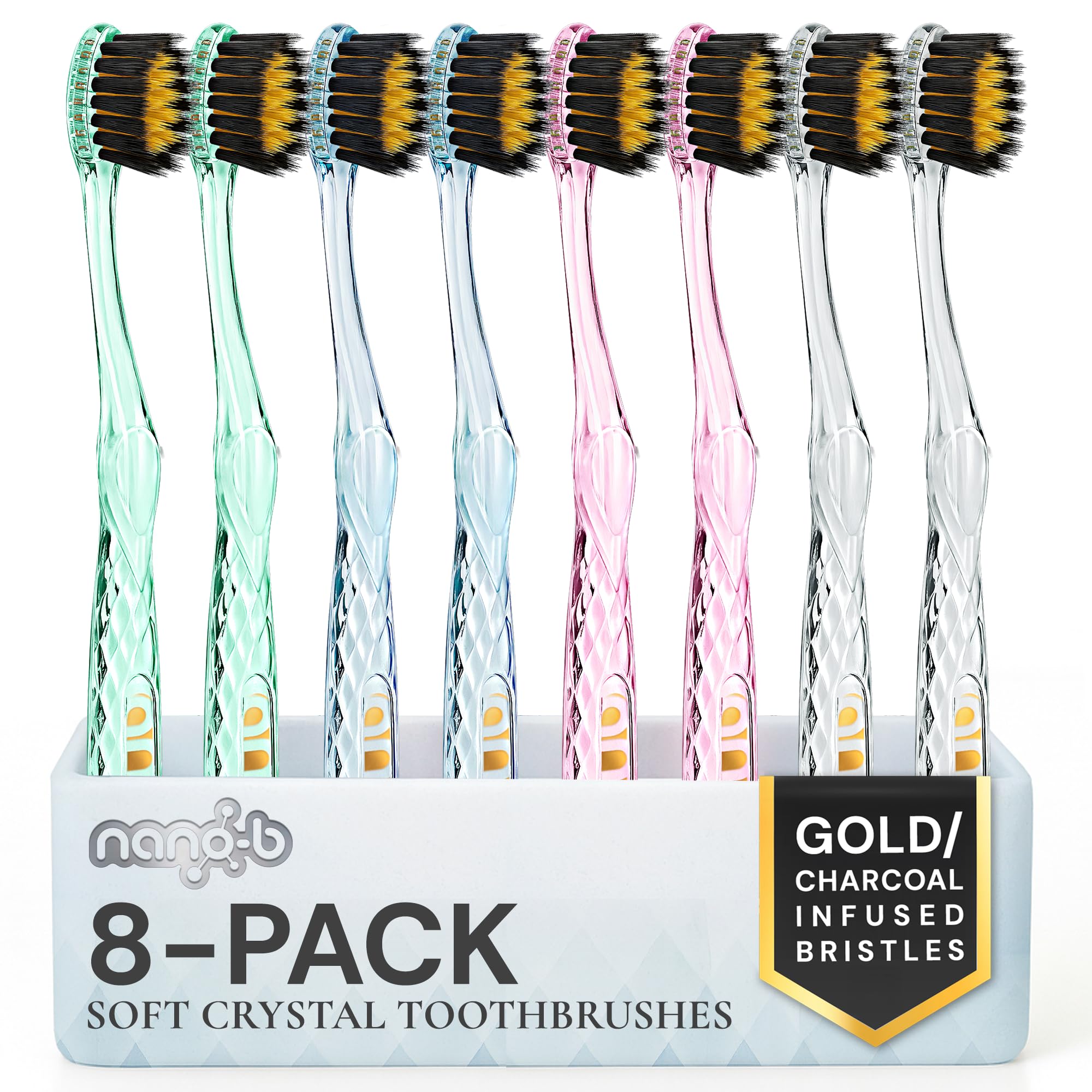 Nano-b Handzahnbürsten-Set für Erwachsene mit empfindlichem Zahnfleisch, Gold & Kohle, weiche/mittlere Borsten, Reiseetui, Blau, Rosa, Grün, Kristall, 8er-Pack