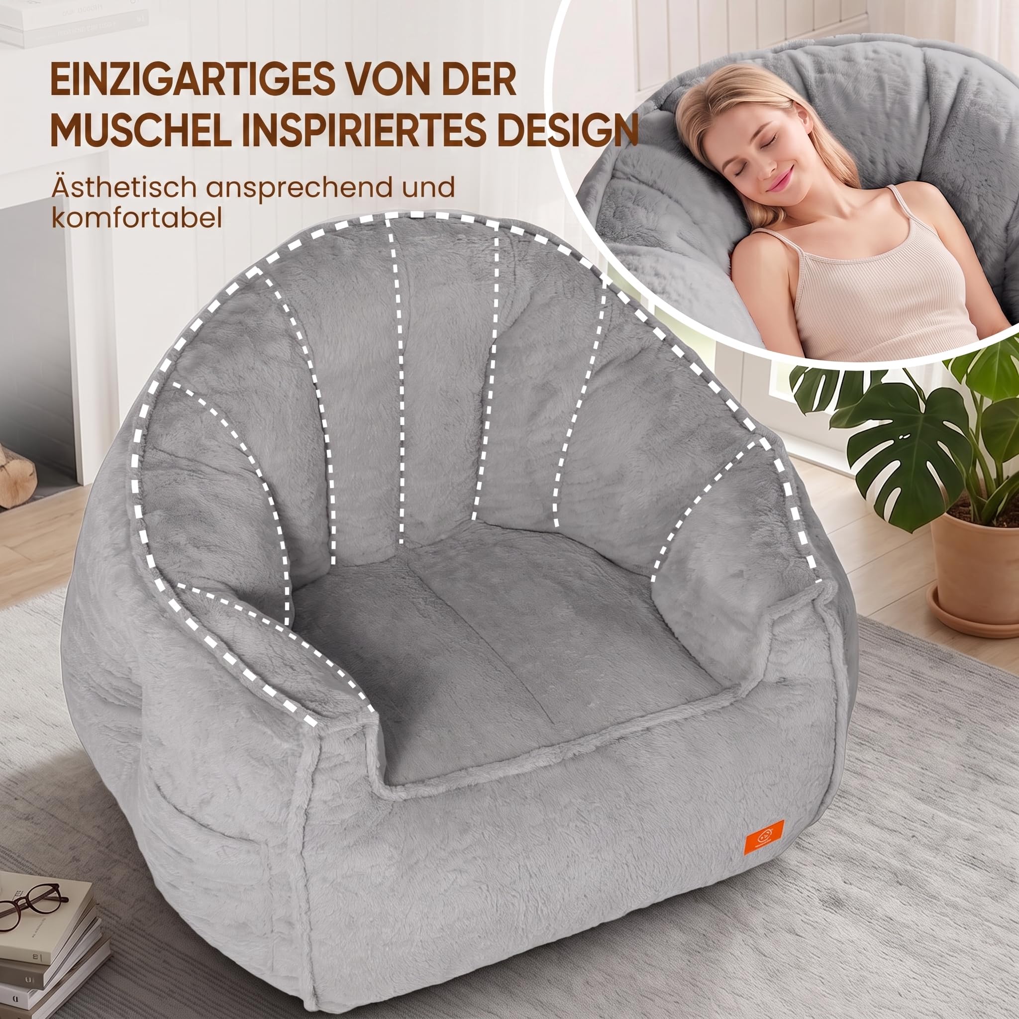 MeMoreCool XXL Sitzsack für Erwachsene, Muschelform Bean Bag Chair Grau