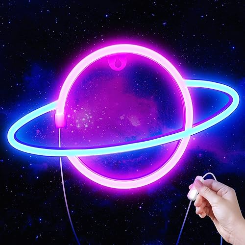 Lumoonosity Planet Neon Sign, USB Powered Planet Light Led Neon Signs with On/Off Switch, Planet Led Sign for Wall Decor, Aesthetic Hanging Saturn Neon Light, Planet Lights for Bedroom, Gaming Room - PLANET