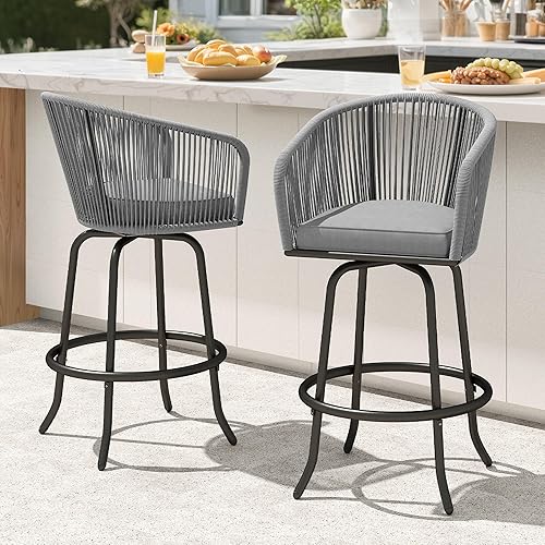 DWVO Outdoor Counter Height Bar Stools Set of 2, Patio Swivel Bar Chairs with Soft Cushions, 360° Rotation, Bar Height Rattan Chairs for Backyard, Poolside, Kitchen Island, Garden, Gray