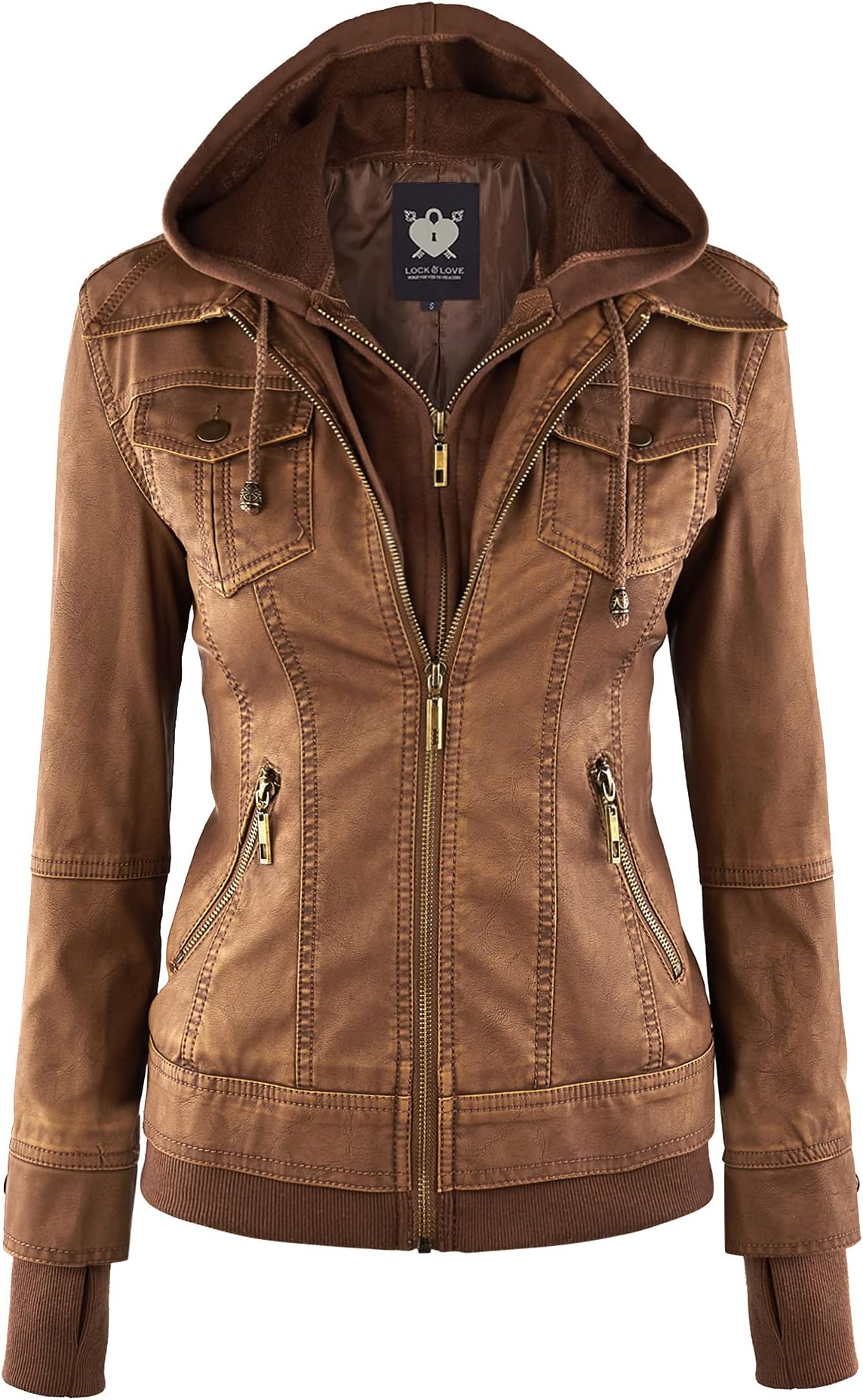 Women's Faux Leather Moto Biker Jacket Coat with Removable or Non-Removable Hood