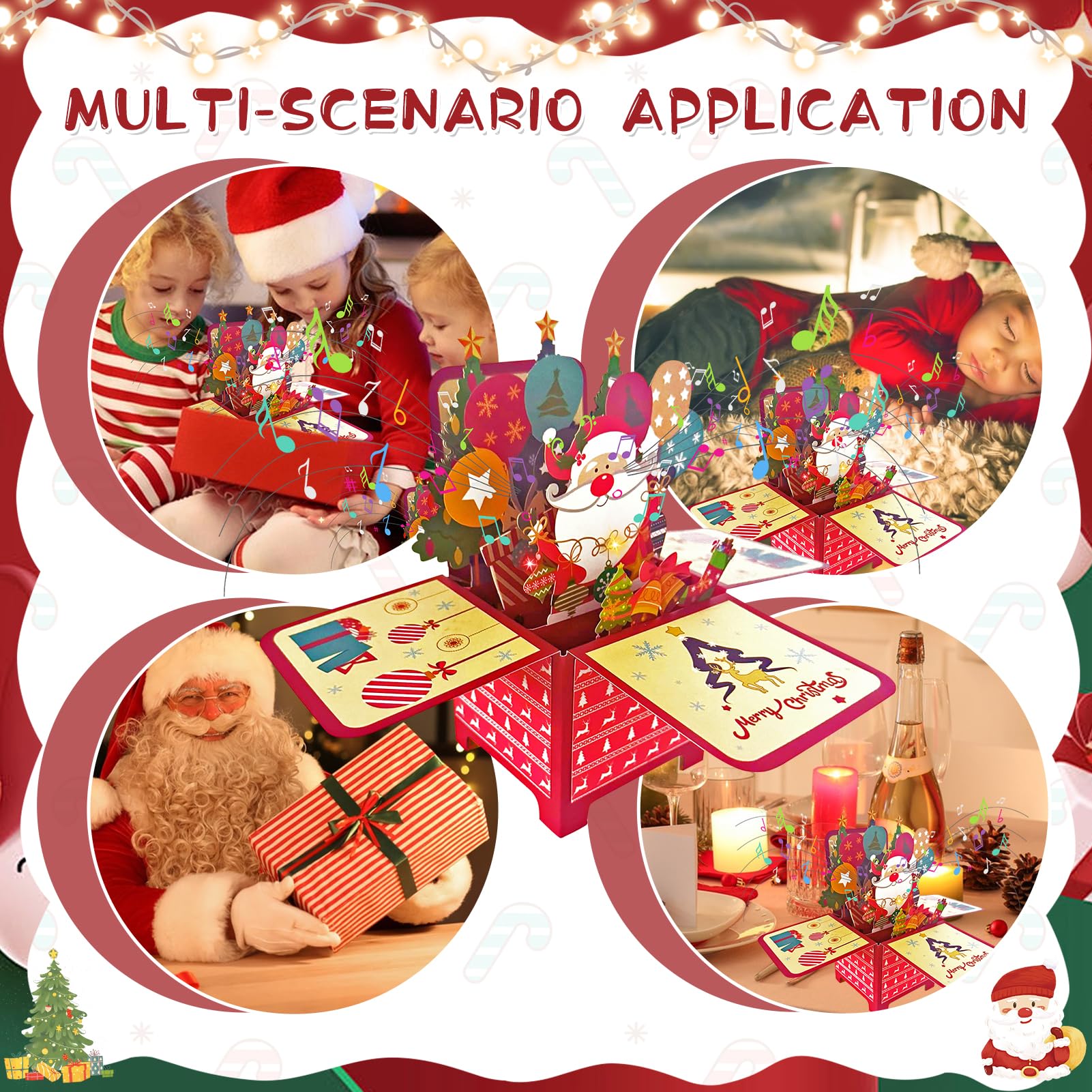Carte De Noël 3D Pop-up Avec Lumière Et Musique – 23x17,5 Cm Dépliée – Père Noël, Bonhomme De Neige – Avec Enveloppe Et Carte Vierge