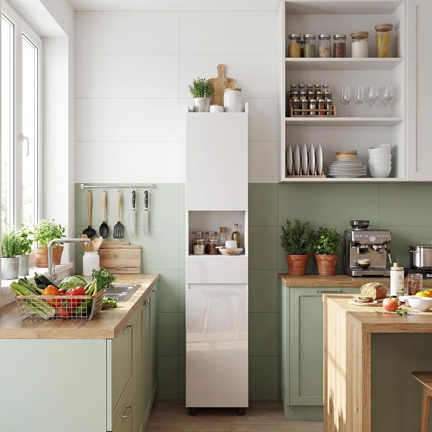 Mondeer Tall Slim Bathroom Cabinet with High Gloss Doors | Freestanding Storage Unit with Drawer, Open Compartments and Adjustable Shelves for Small Space , 30x30x170cm White