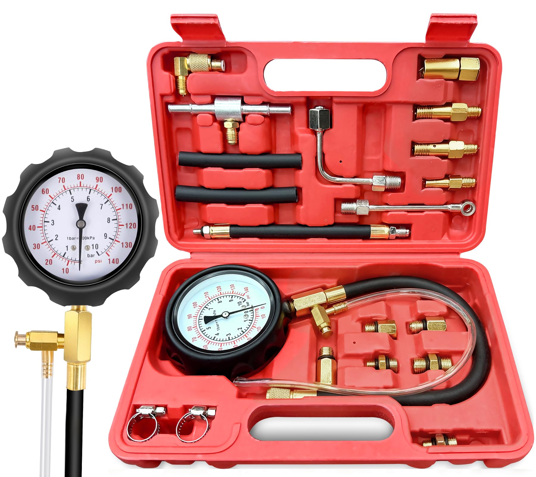 BETOOLL 0-140PSI Fuel Pressure Tester Kit, Fuel Injector Injection Pump Pressure Gauge Kit for Gasoline Cars, Trucks and Motorcycles