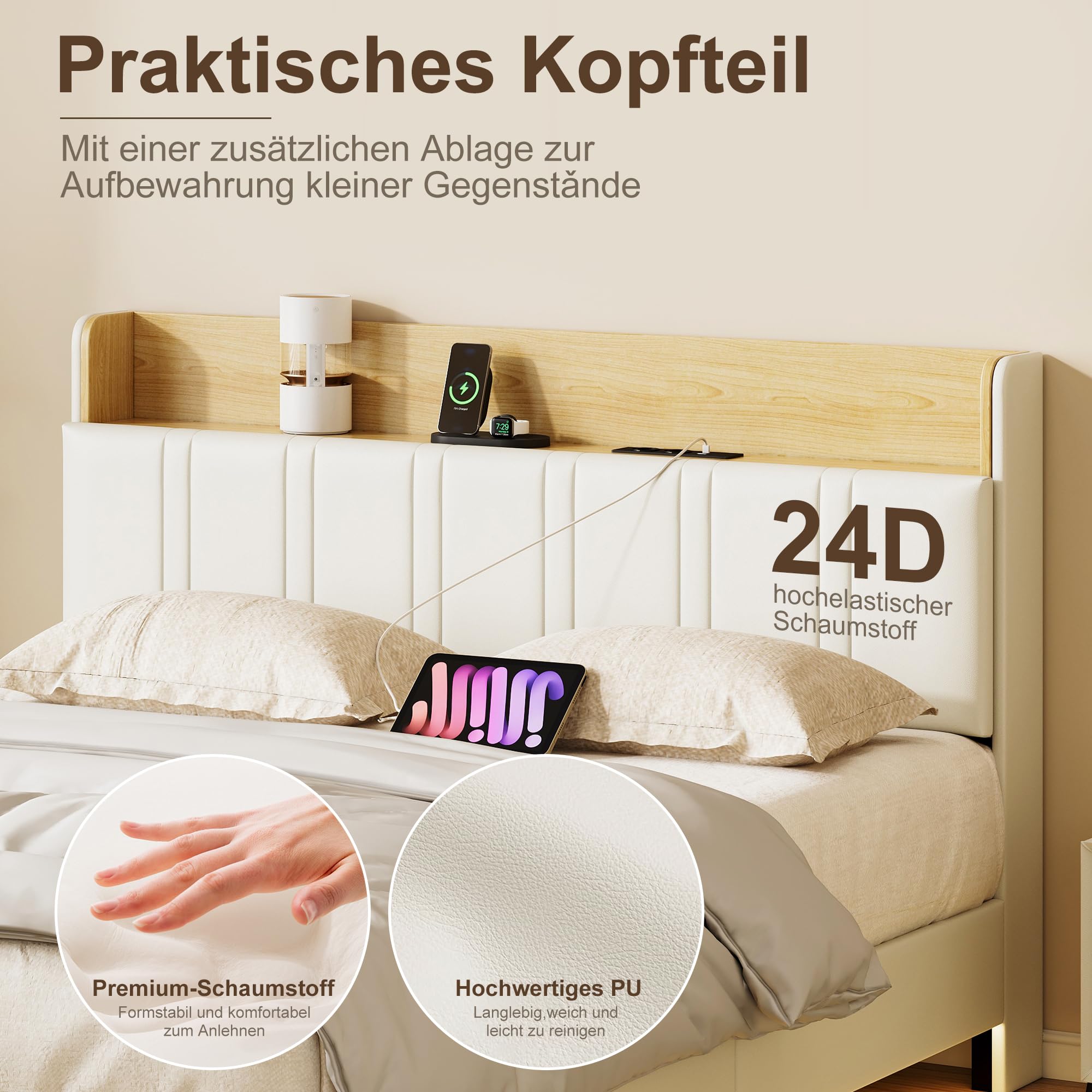 BRILVERDE Polsterbett 160x200 mit LED, Platformbett mit USB, Funktionsbett mit Kopfteil, Schwebebett mit Lattenrost, PU (Weiß Flache Eiche, 160 x 200 cm)