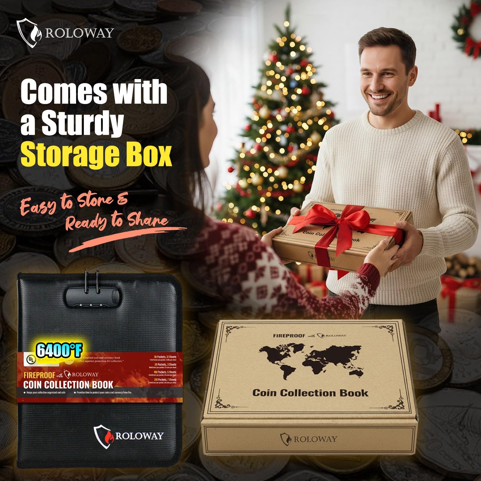 ROLOWAY Coin Collection Book 6400℉ Heat Insulated, 360 Pockets Fireproof Coin Book Holder and 36 Paper Currency Album with Aluminum Foil Layer, Money Saving Coin Collector Book with Lock (Black)