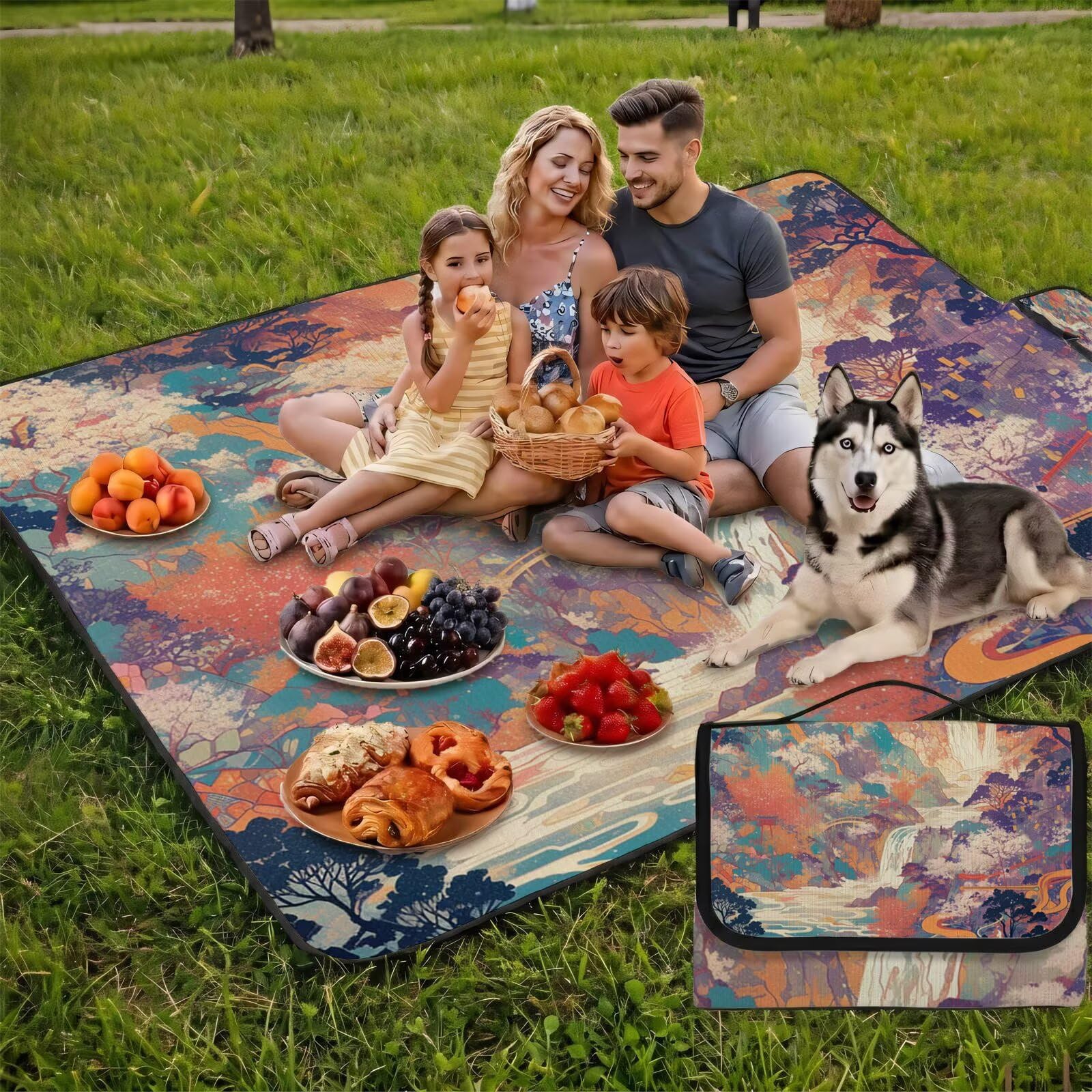 Manta de Picnic 150x200 cm, Japón Manta Picnic Impermeable, Retro (2) Esterilla de Playa Alfombra de Exterior, Picnic Blanket Plegable con Asa para Camping, Jardín, Césped, Playa, Senderismo UZ-292