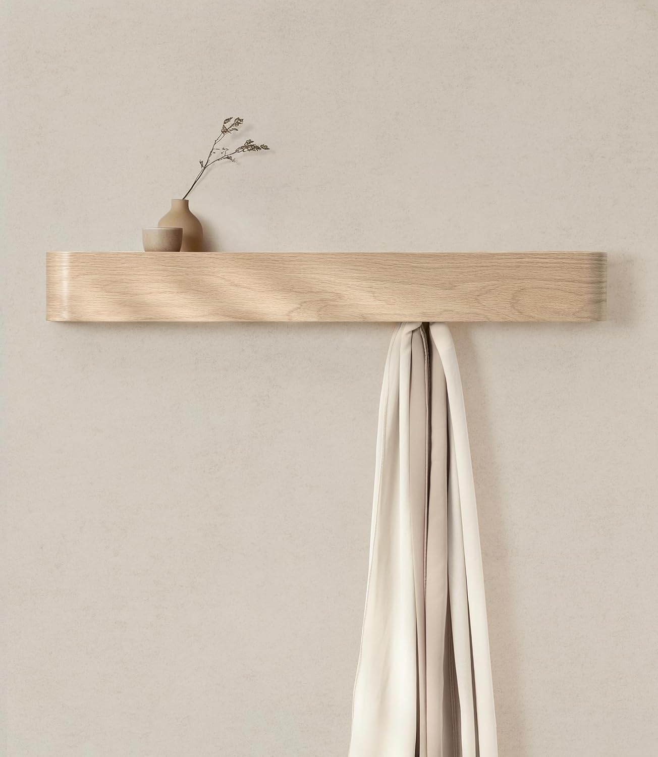 Kazai. Wall-Mounted Coat Rack 'Toke' - Modern Design Coat Rack with Hidden Wall Hooks - Solid Wood Veneer Panel Coat Hanger - Oak, White 8 Hooks Oak, White