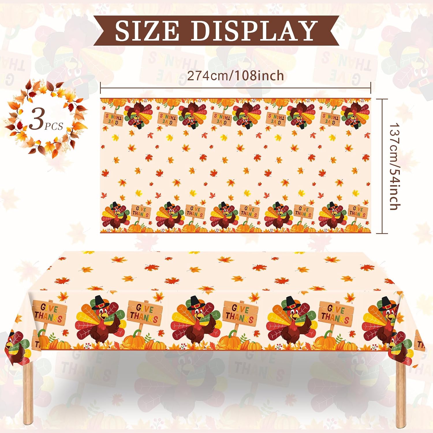 SpinLaLa 3-Piece 54 x 108 Inch Thanksgiving Turkey Plastic Tablecloth – Disposable Fall Harvest Rectangle Table Cover with Pilgrim Turkey, Pumpkins, and Leaves for Autumn Dinners, Friendsgiving image 2