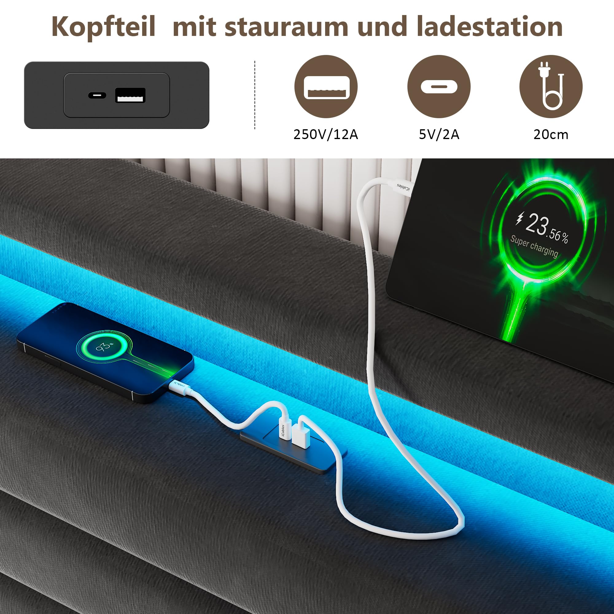FEONASE Bett 180x200 mit Stauraum, Polsterbett 180x200 cm mit LED-Beleuchtung & Ladestation, Bettgestell mit Hydraulischem und Leinen Kopfteil Stauraum, Lattenrost, Ohne Matratze, Velous Dunkelgrau