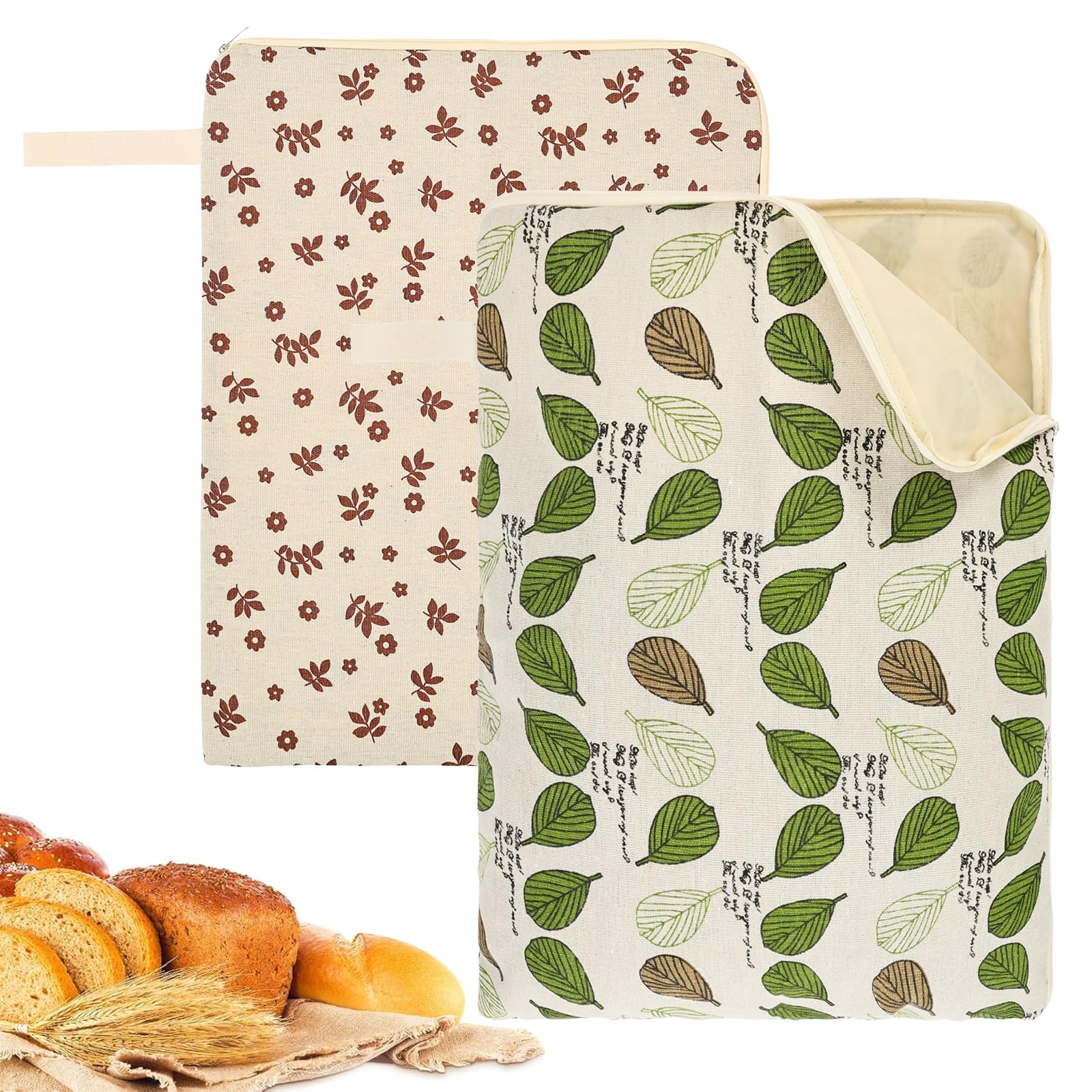 2 Pack Beeswax Bread Storage Bags, Cotton Linen Reusable Bread Bags for Sourdough Loaf Baguette, 33 × 43 cm