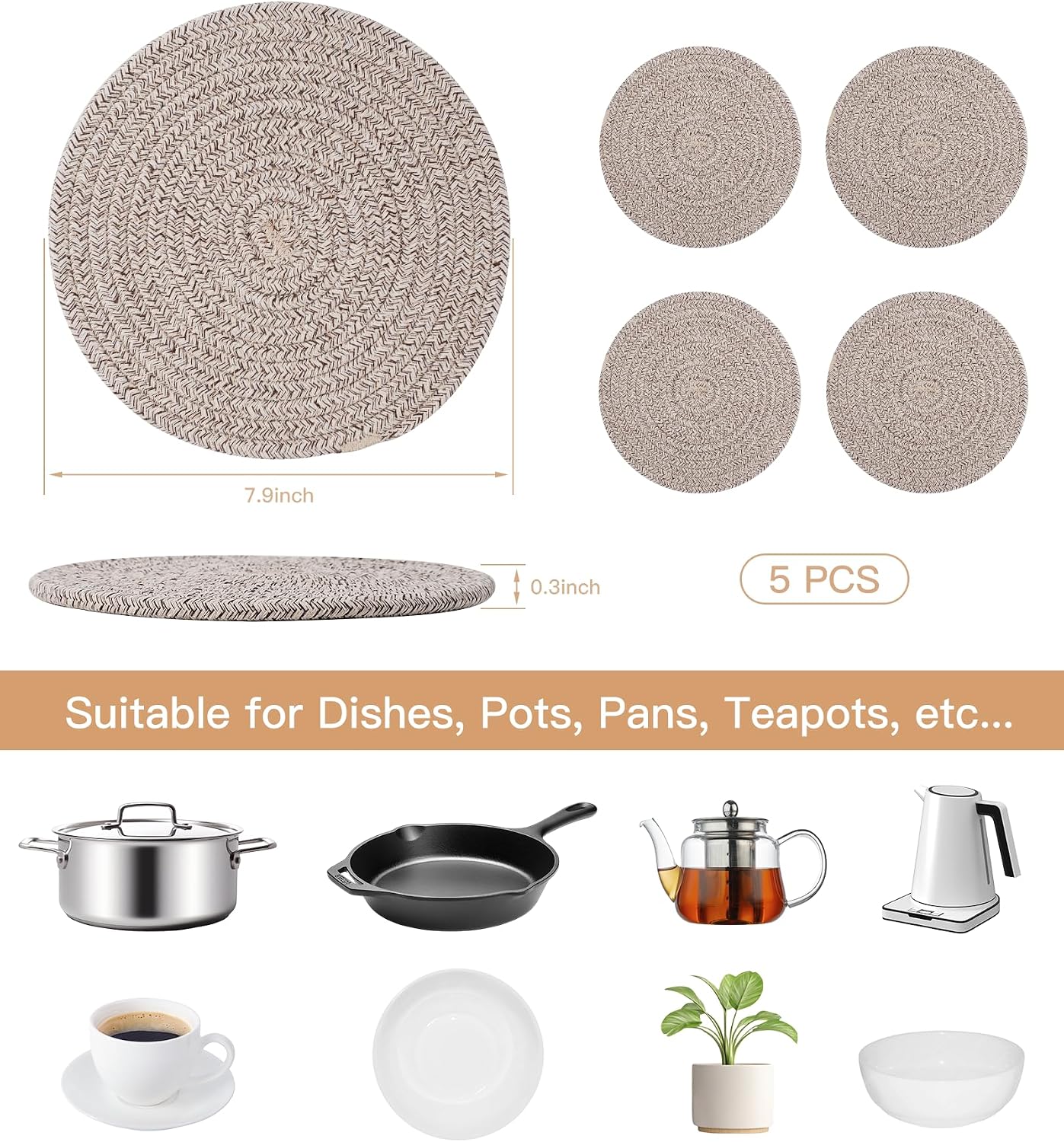 Trivets for Hot Dishes,Hot pots and Pans,Pot Holders Trivets Set 5 Pcs,Heat Resistant Large Coasters for Kitchen,100% Pure Cotton Thread Weave Trivets for Kitchen,Home Decor, Housewarming Gift image 3