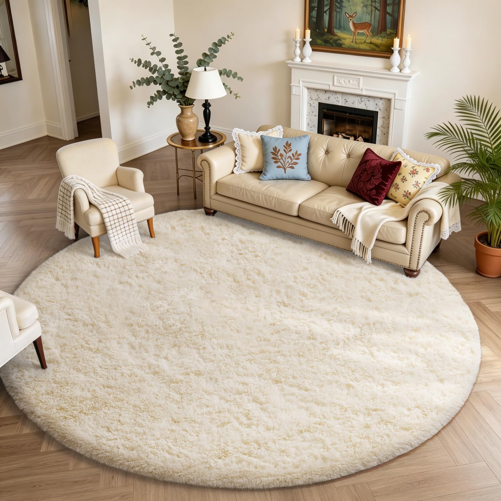ophanie round rugs 8ft ivory circle area rug, aesthetic room decor, fluffy fuzzy bedroom carpet, plush soft shaggy cream living room rugs for kids home decor, nursery