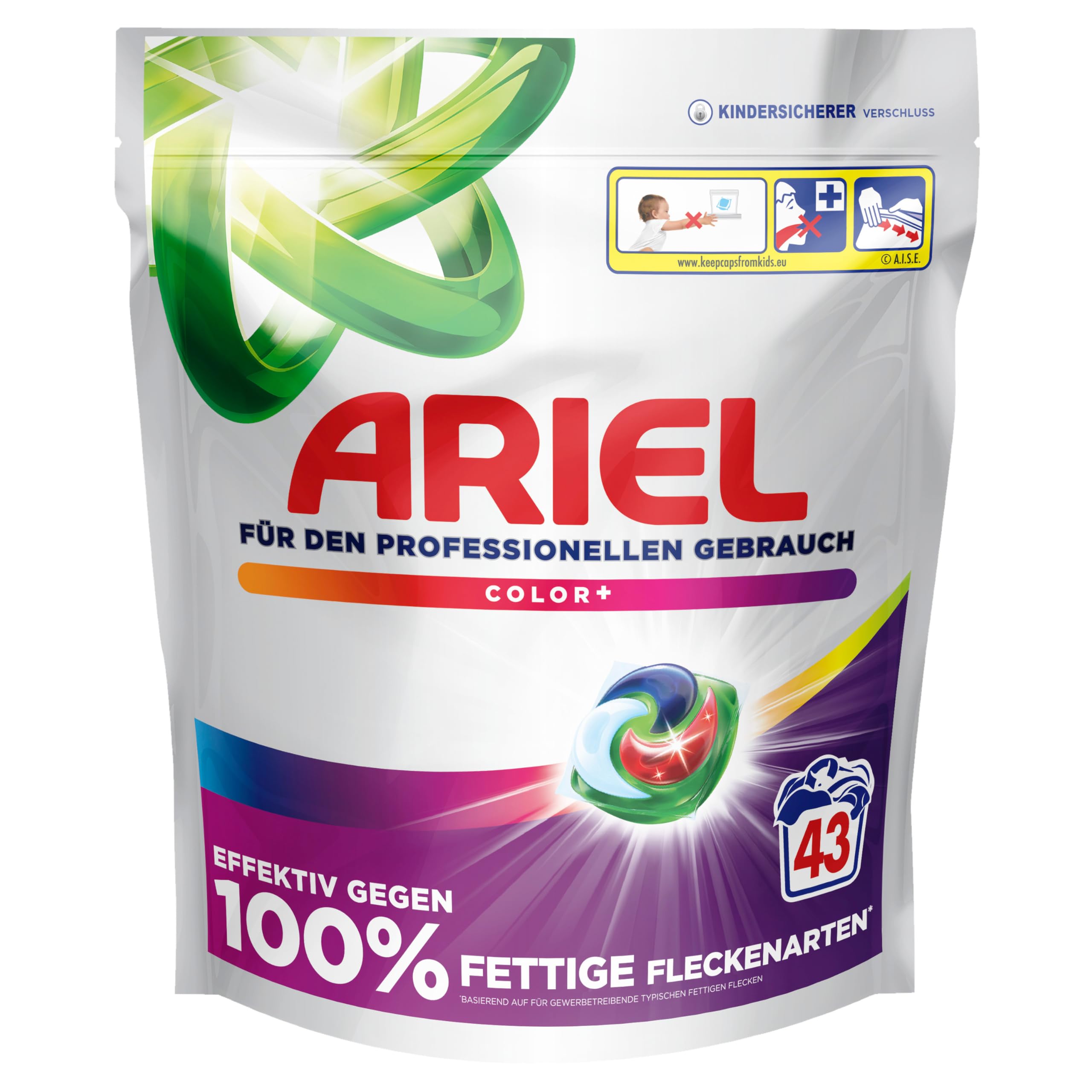 Ariel Professional All-in-1-Pods Waschkapseln Color+, bekämpft alle Arten von Fettflecken, für den professionellen Gebrauch