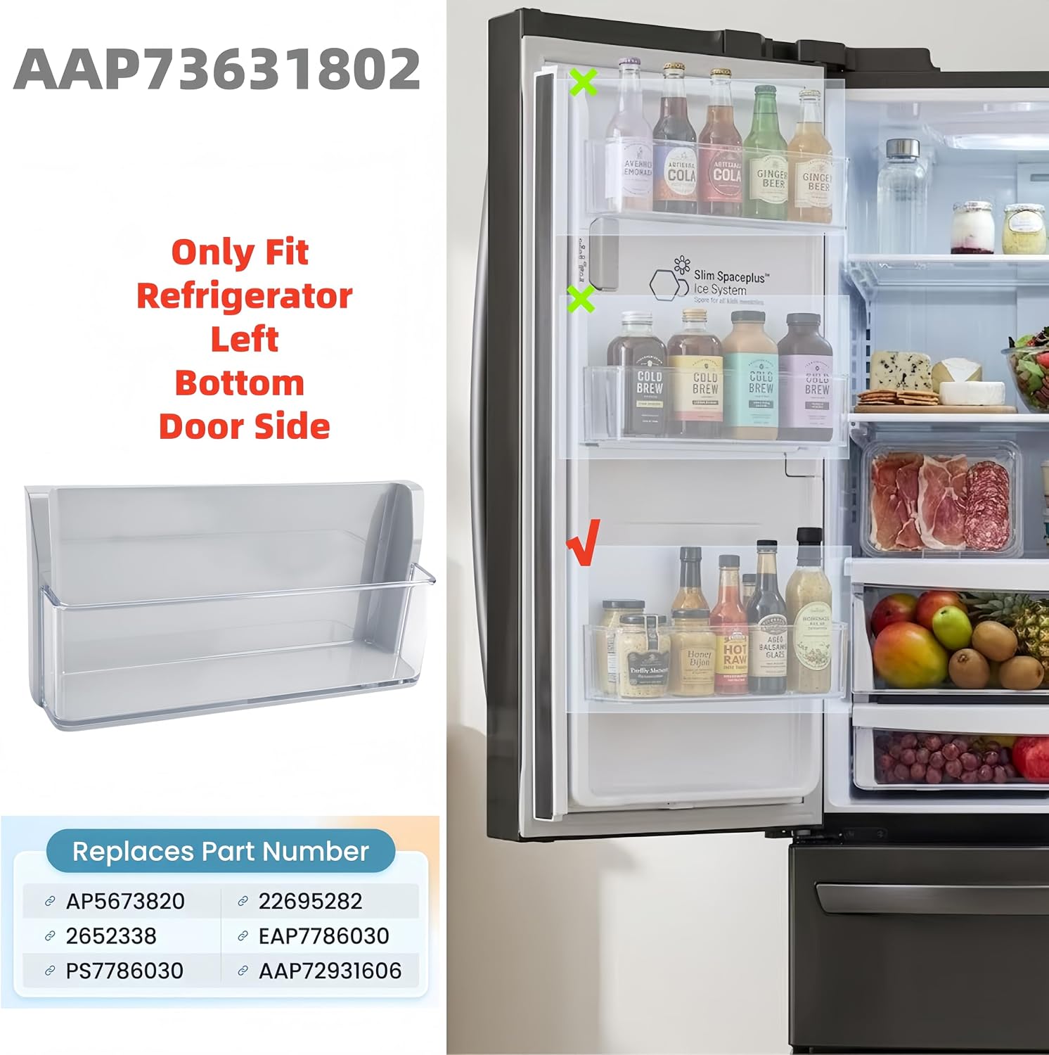 AAP73631802 Left Refrigerator Door Shelf Bin Compatible with LG Left Bottom Door Shelf Bin LFXS26973S LMXS27626S LFX28968ST LMXS27626D, Door Basket Assembly Replace AP5673820 2652338 PS7786030