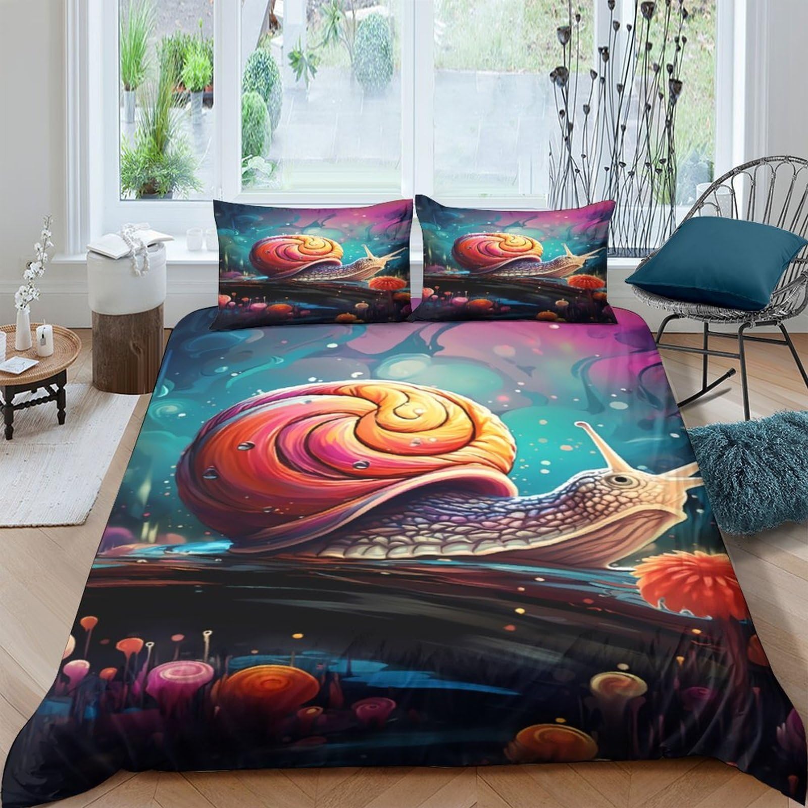 TUFRTGYHN 3D Printed Fantasy Snail Duvet Cover Microfiber Colourful Mushroom Bedding Set with 2 Pillowcases for Bedroom Decor Single（135x200cm）