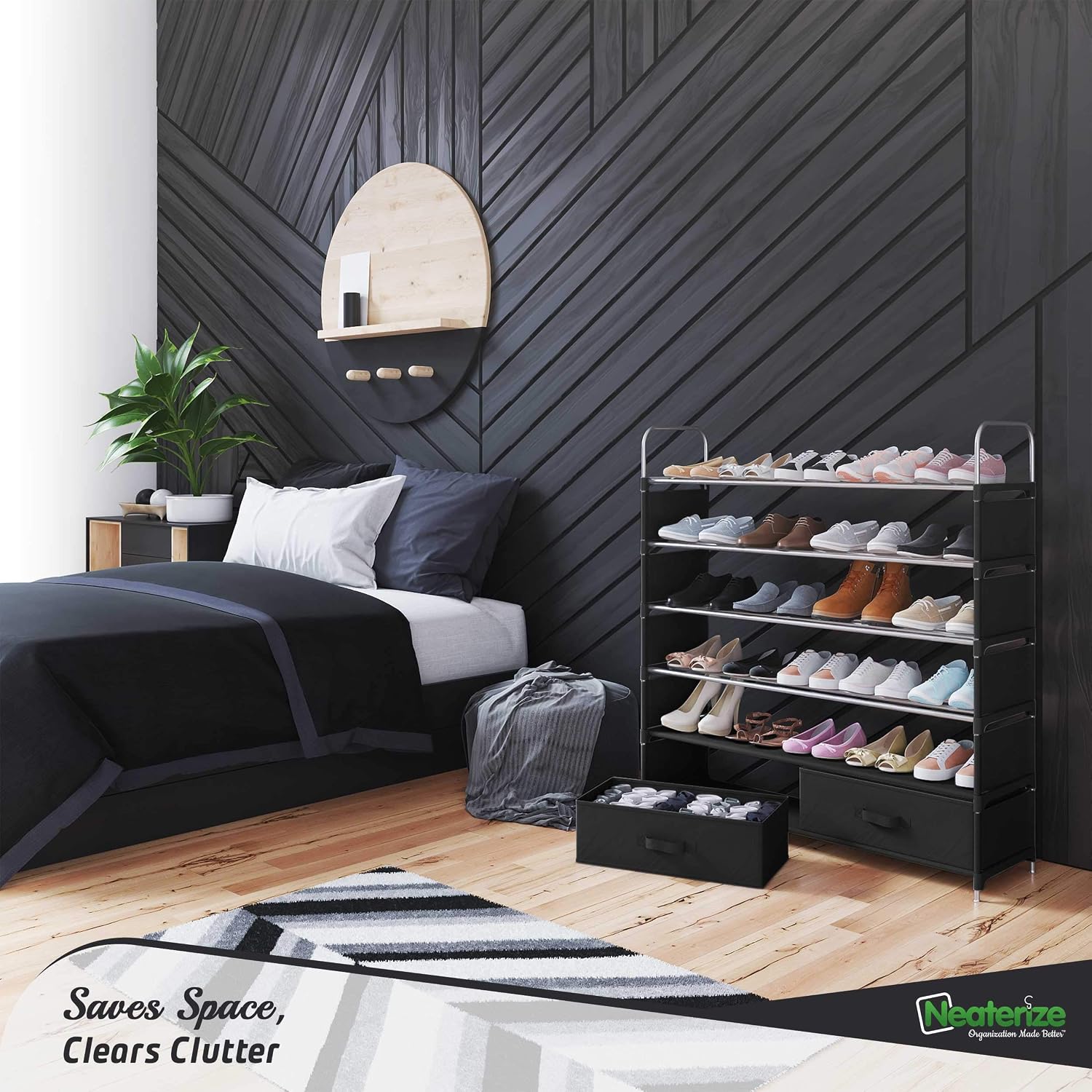 6 Tier Shoe Rack With 2 Storage Bins | Stackable, Metal, Closet Shoe Organizer | Shoe Shelf Cabinet | Organizador De Zapatos | Shoe Rack For Closets, Entryway, Living Room And Bedroom (Black)
