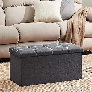 Folding Storage Ottoman, Long Sofa, Fabric Linen Footrest Stool for Makeup Cosmetic Laundry, Toys Storage Organizer Bin Bench Box with Lidded Cover (X-Large, Grey)