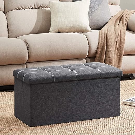 SKYFUN (LABEL) Folding Storage Ottoman, Long Sofa, Fabric Linen Footrest Stool for Makeup Cosmetic Laundry, Toys Storage Organizer Bin Bench Box with Lidded Cover (X-Large, Grey)